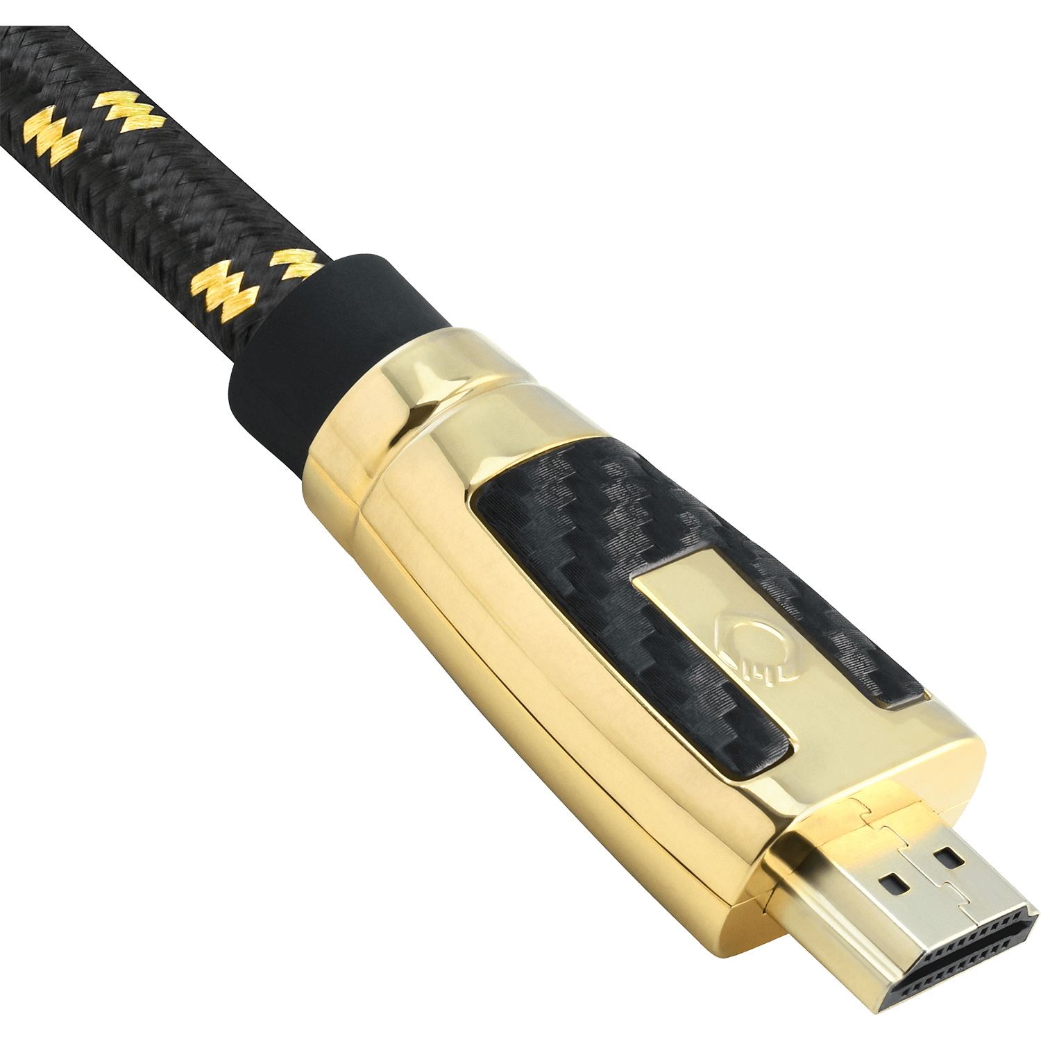 Nahaufnahme eines gold-schwarzen HDMI-Kabelanschlusses. Das Kabel ist schwarz mit goldenen Akzenten.