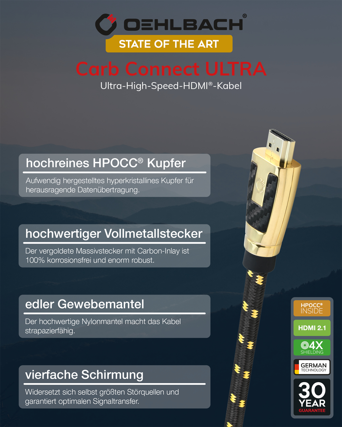 HDMI-Kabel mit vergoldeten Steckern. Text auf der Verpackung beschreibt die Eigenschaften des Kabels.