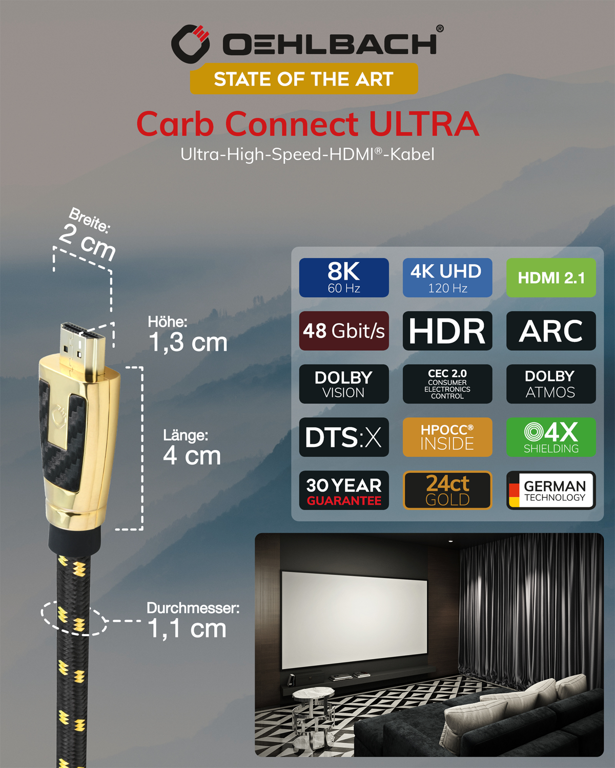 HDMI-Kabel mit Goldstecker und Text auf weißem Hintergrund. Zeigt Spezifikationen und Heimkino.