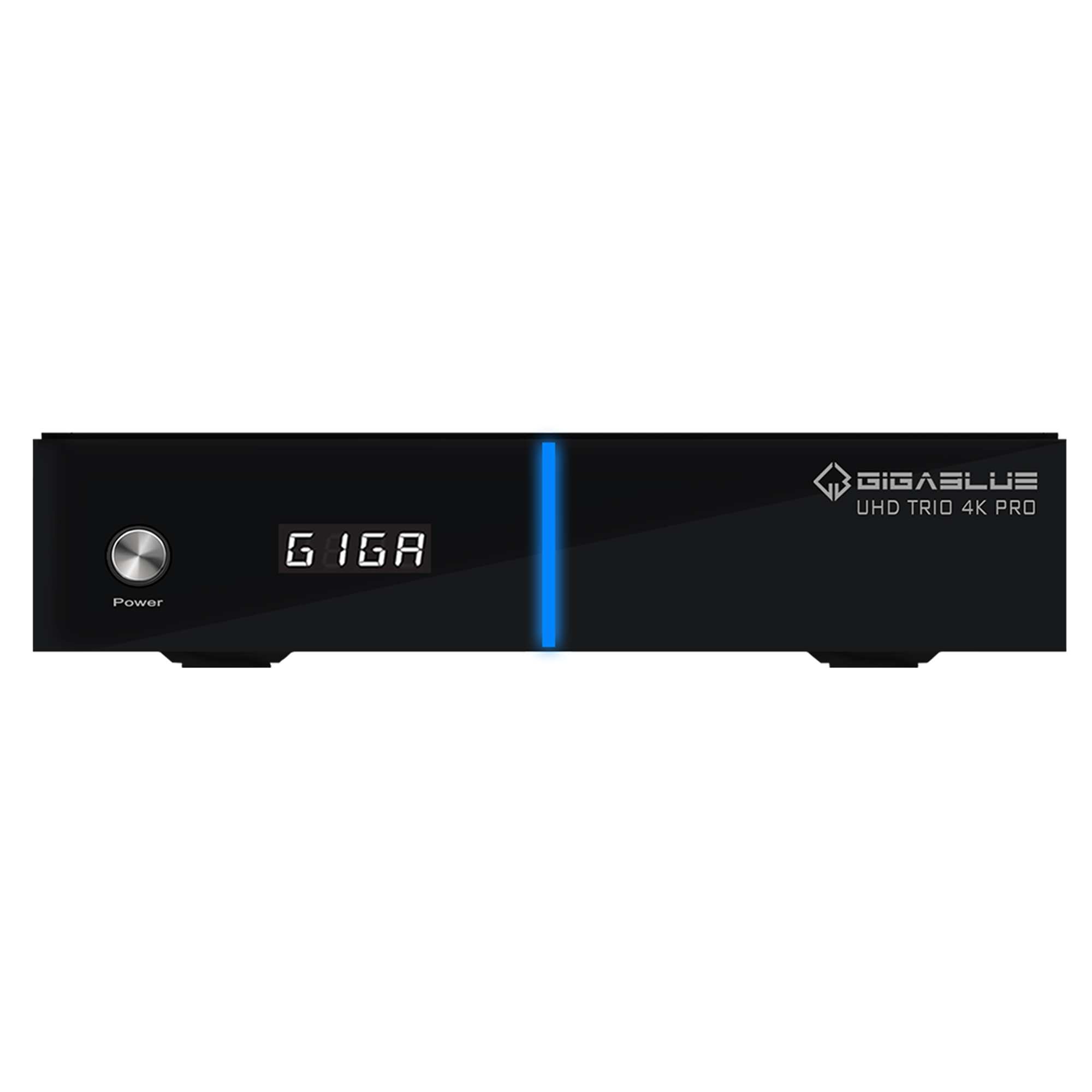 Eine schwarze Set-Top-Box mit einem Ein-/Ausschalter und einem Display mit der Anzeige „GIGA“. Der Text UHD TRIO 4K PRO ist sichtbar.