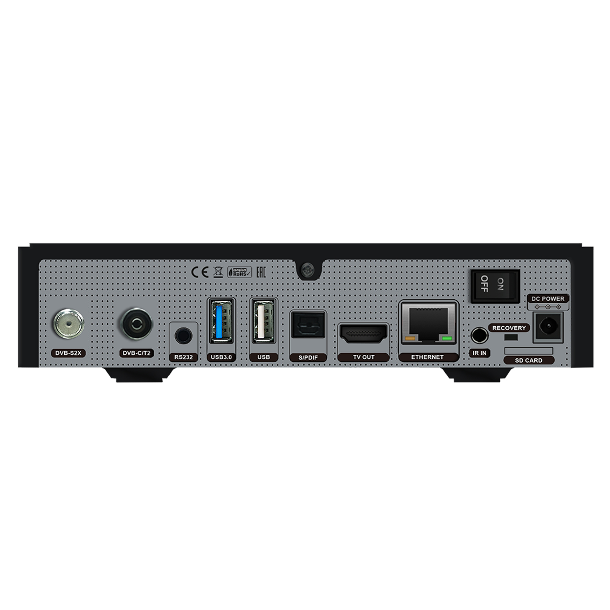Die Rückseite eines schwarzen Geräts mit Anschlüssen, beschriftet mit DVB-S2X, DVB-C/T2, RS232, USB 3.0 usw.