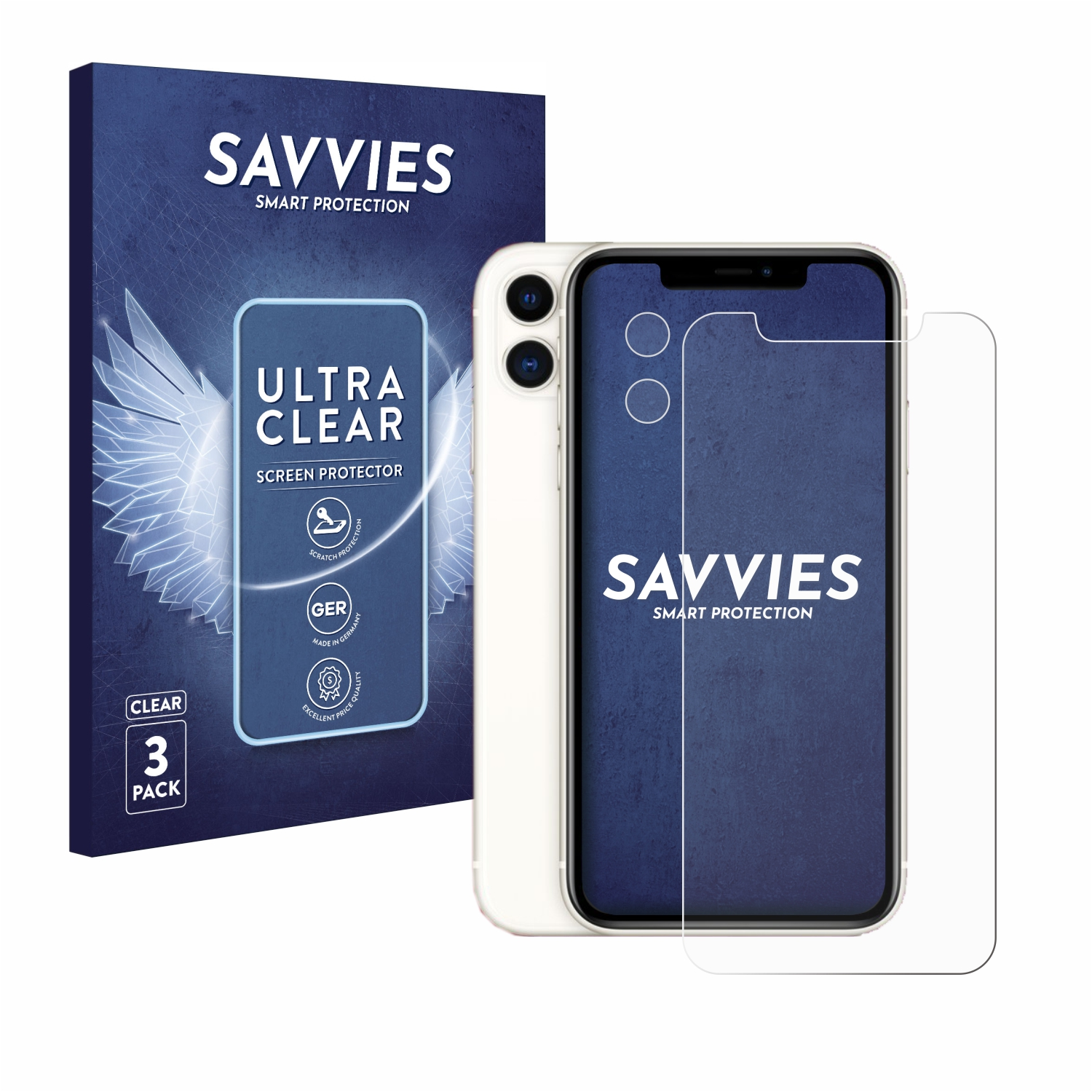 Bildschirmschutzbox, Telefon und Schutz. Klare Displayschutzfolie auf dem Telefon und die Box zeigt Produktdetails.