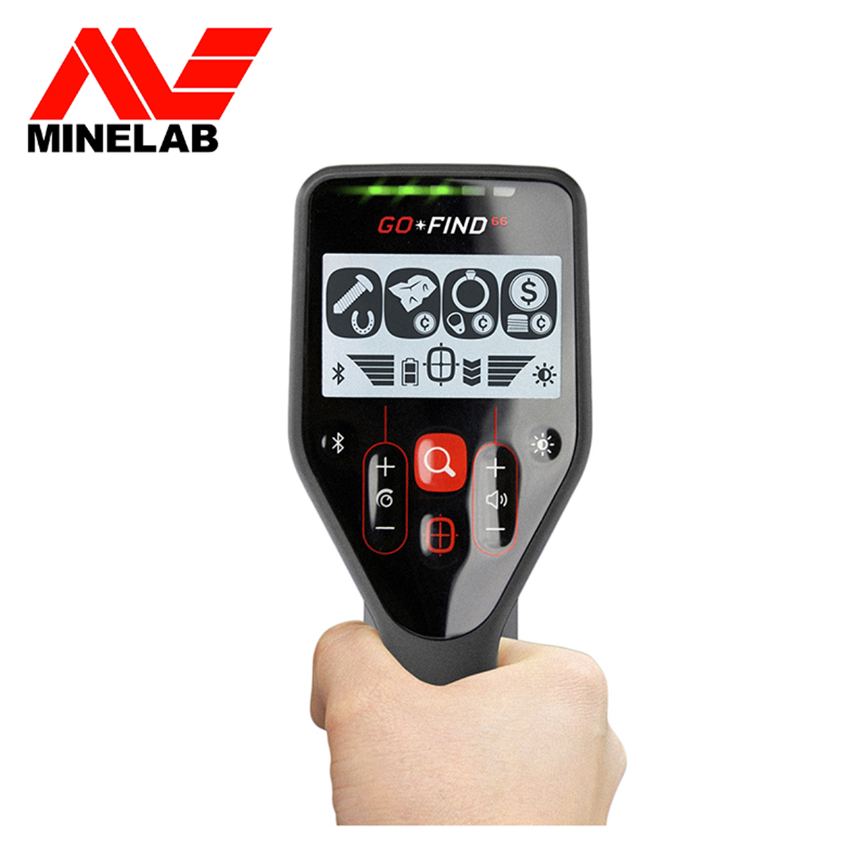 Un metal detector portatile con schermo e pulsanti. La parola MINELAB è in cima al dispositivo.