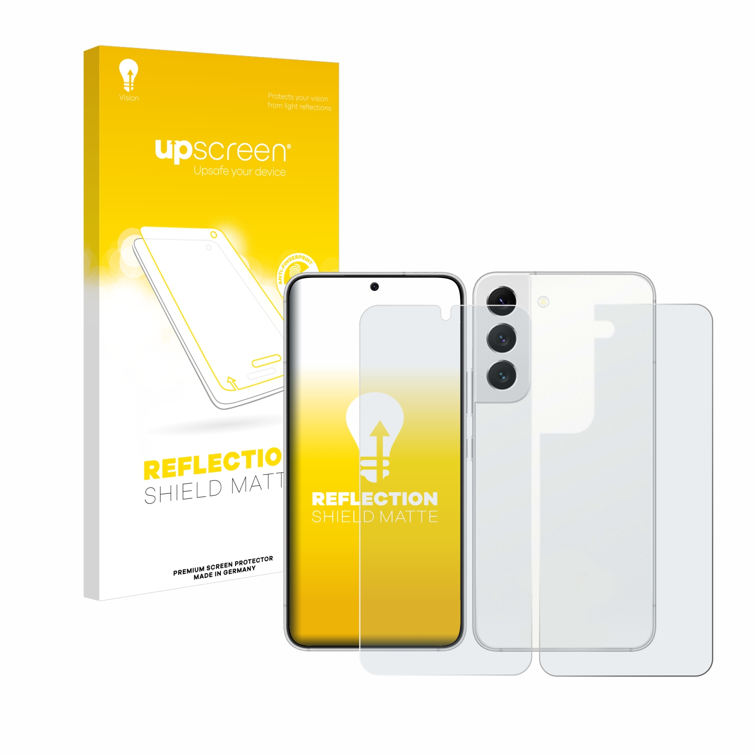 Eine Displayschutzfolienverpackung und zwei Displayschutzfolien. Eine ist auf einem Telefon.
