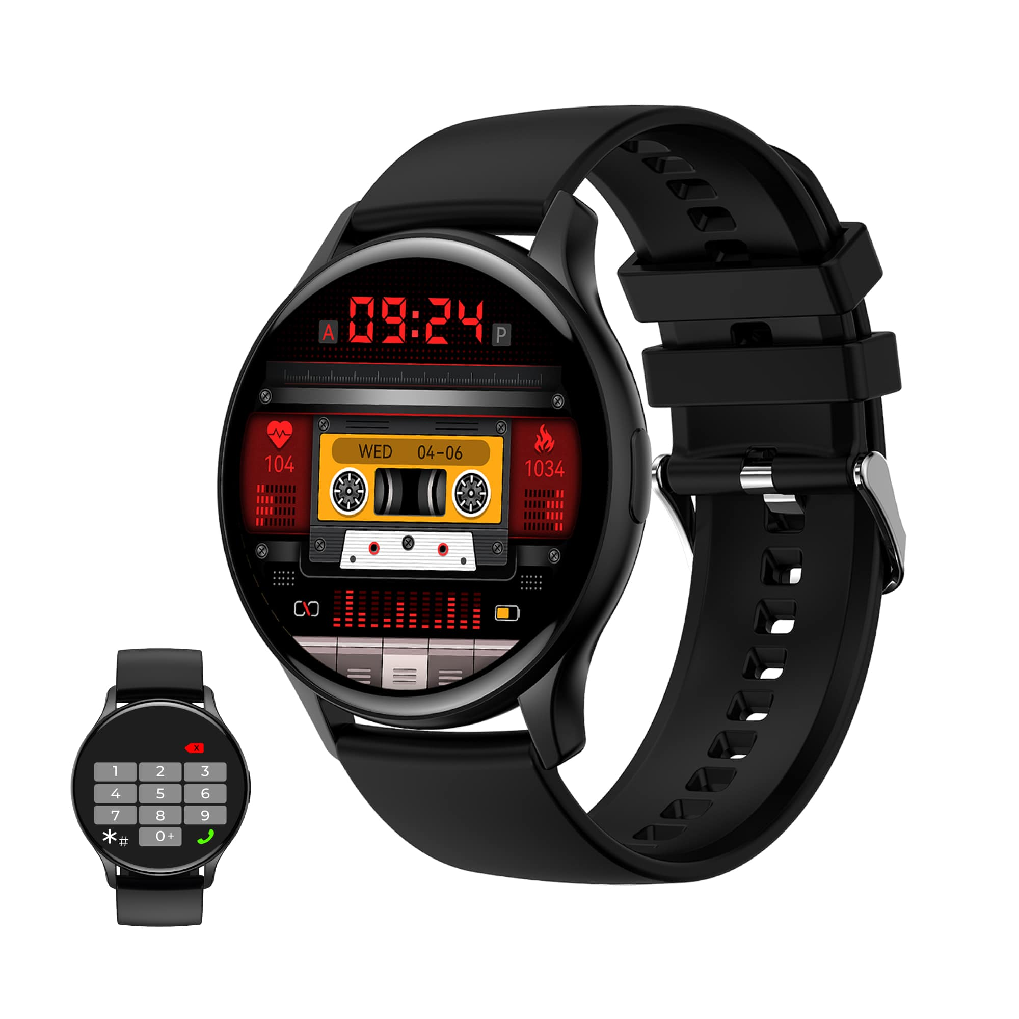 Smartwatch nero con display digitale che mostra ora, frequenza cardiaca e data su sfondo bianco.