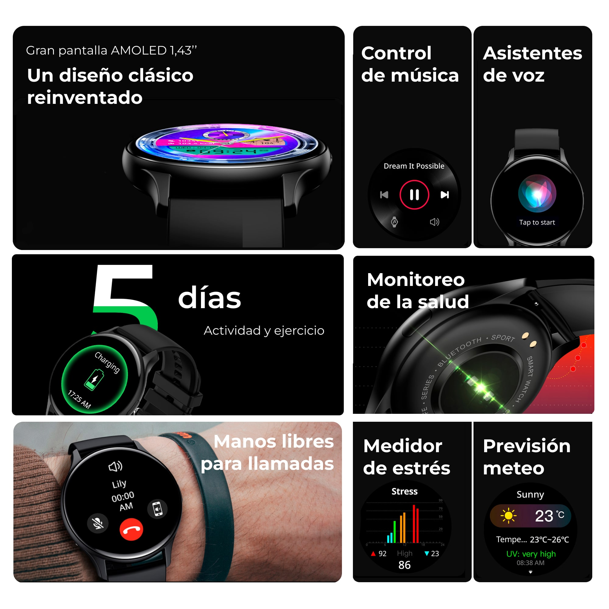 Smartwatch con più schermi, che mostrano dati fitness e un'interfaccia di chiamata. Cinturino nero.