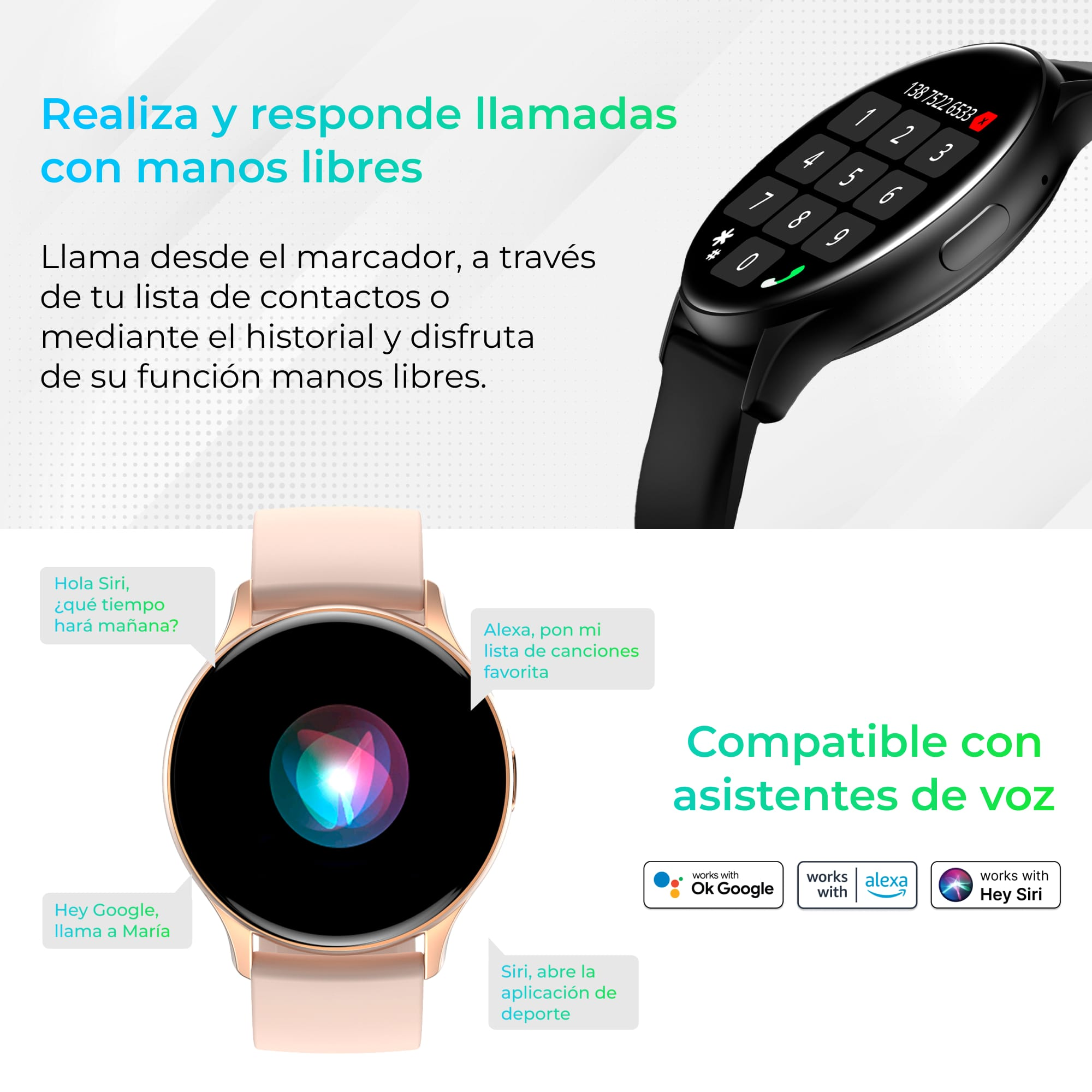 Smartwatch con testo. L'orologio è su una superficie bianca. Testo in spagnolo.