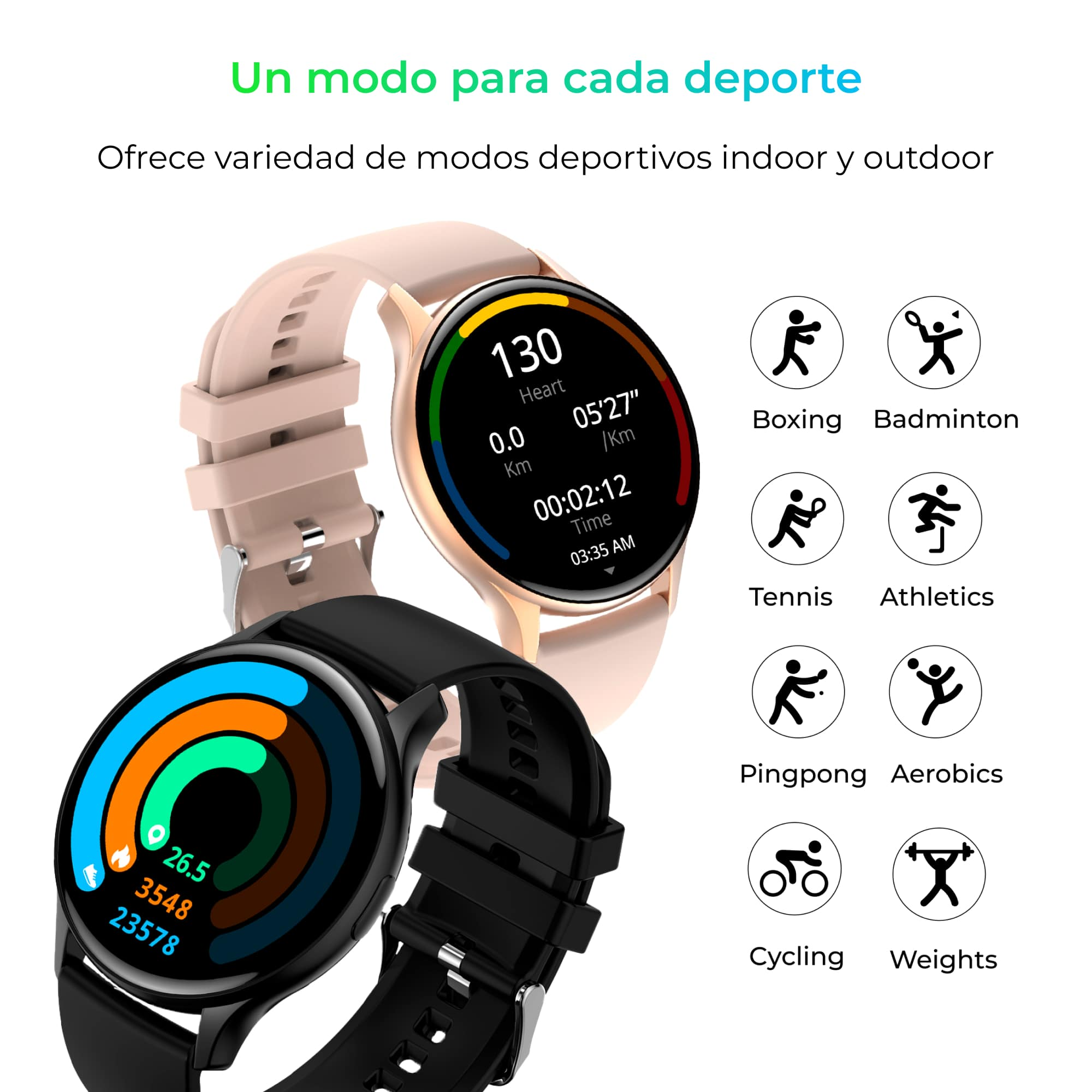Due smartwatch con modalità sportive visualizzate sui loro schermi, vengono mostrate icone di vari sport.