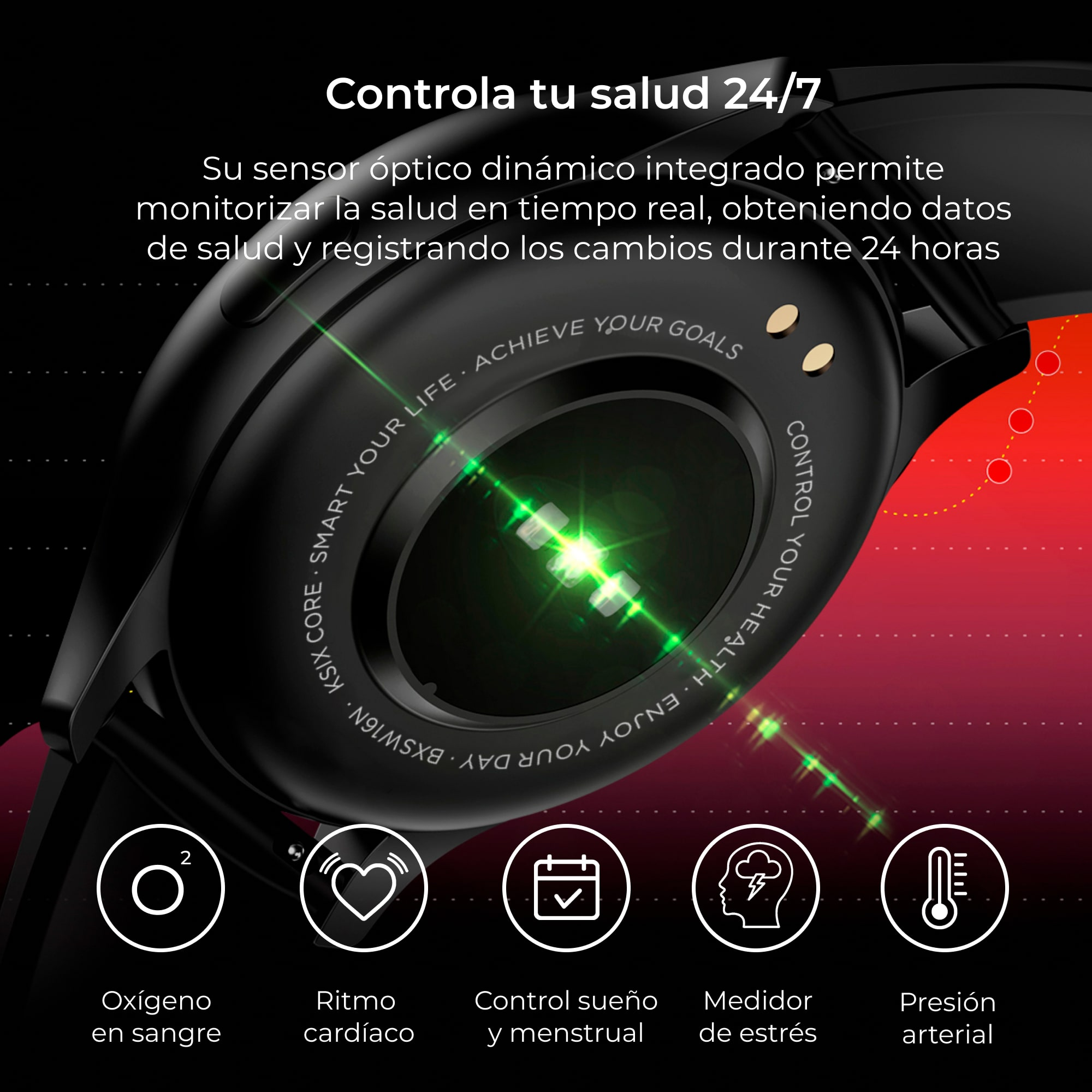 Uno smartwatch mostra i dati sanitari. L'orologio è nero con cinturino nero. Testo in spagnolo.
