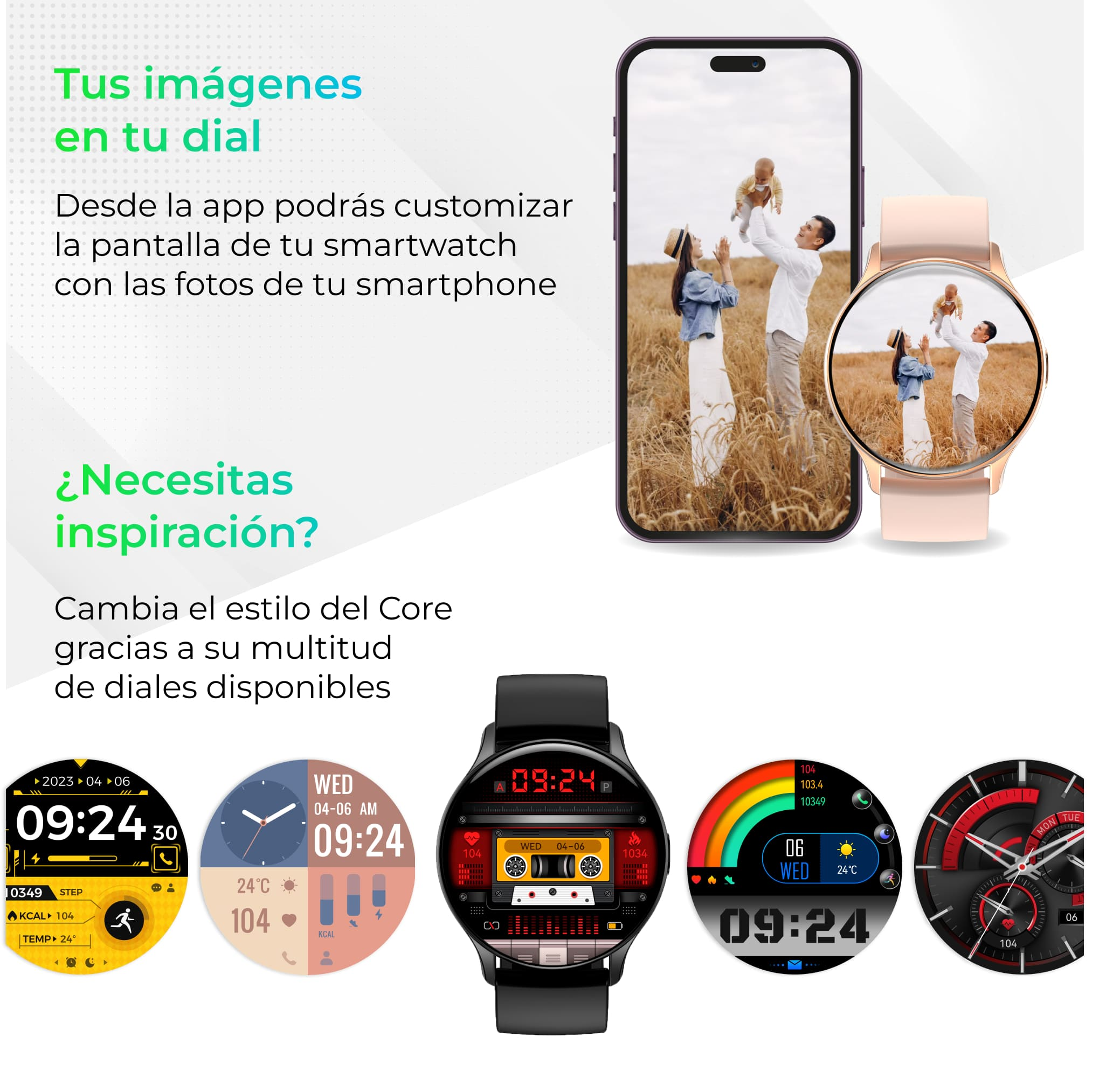 Smartwatch con più quadranti. Le immagini mostrano una coppia e varie opzioni di visualizzazione.
