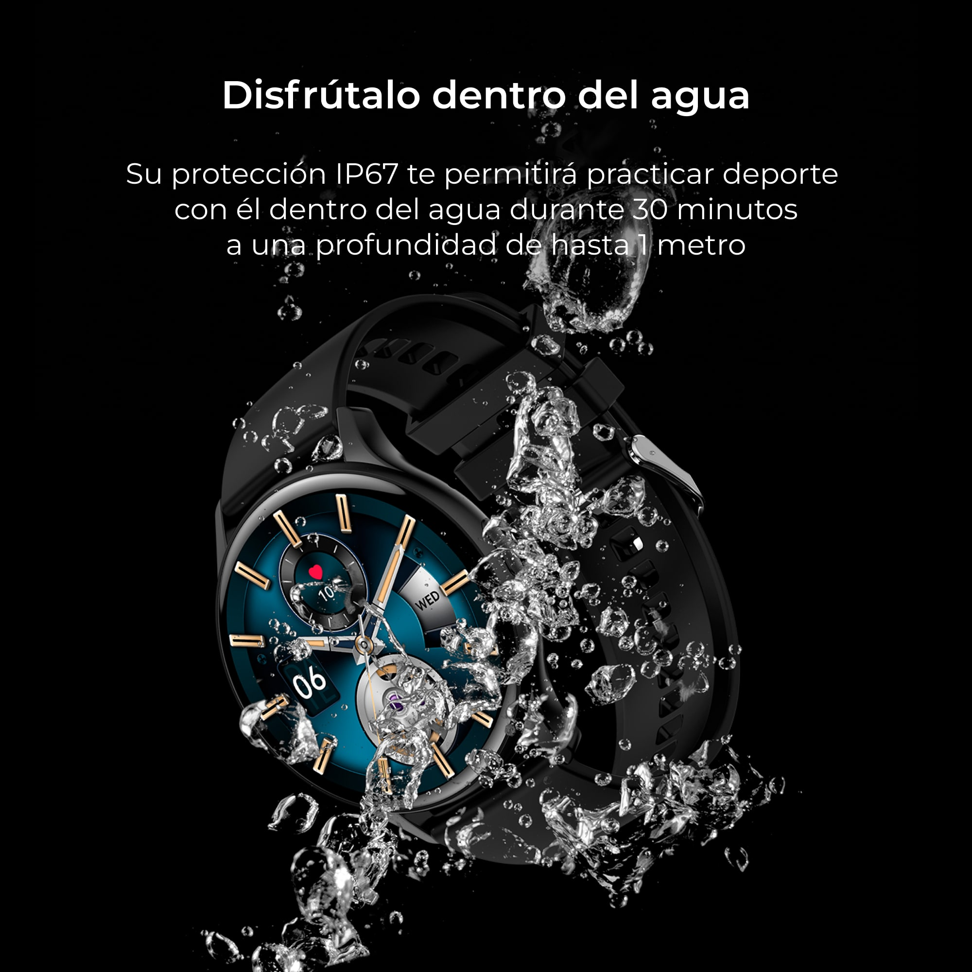 Smartwatch nero con gocce d'acqua e testo in spagnolo sulla resistenza all'acqua.