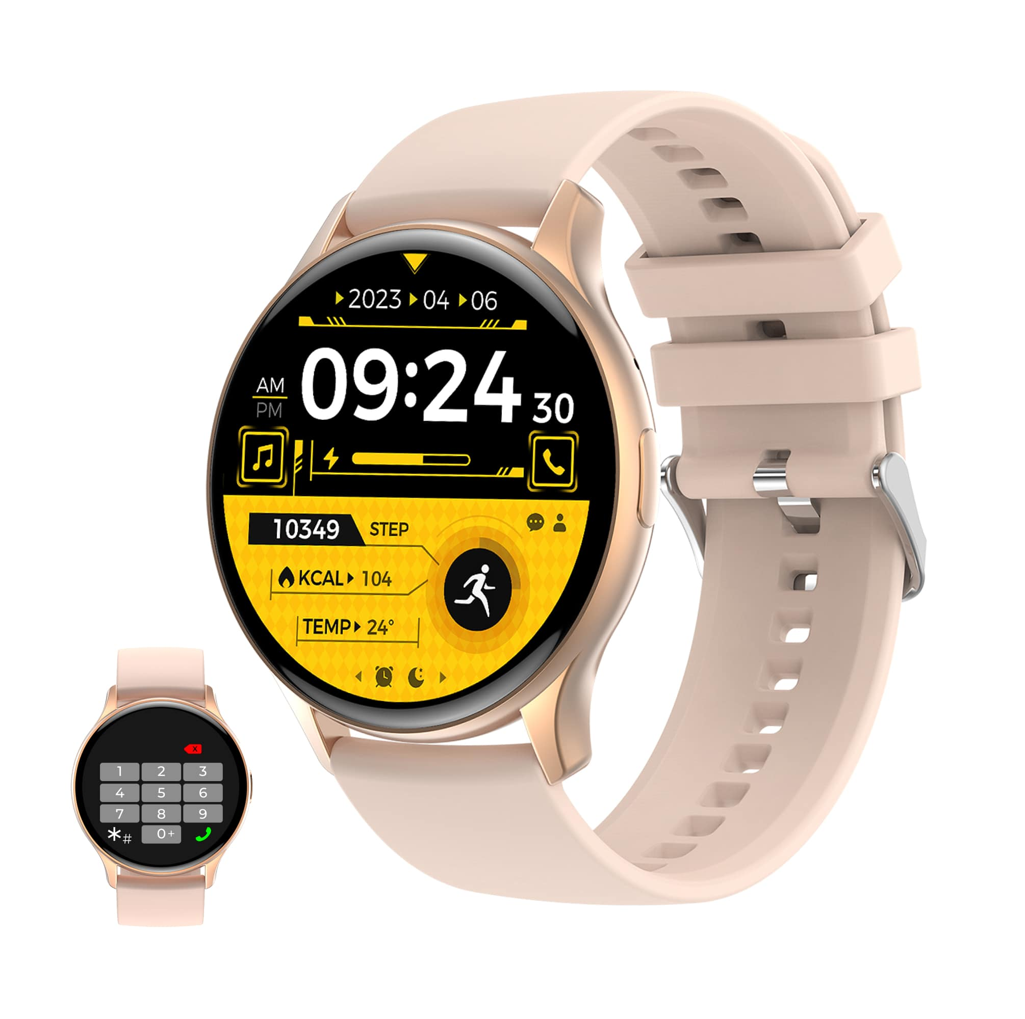 Smartwatch con cassa oro e cinturino rosa, mostra dati sanitari e ora.