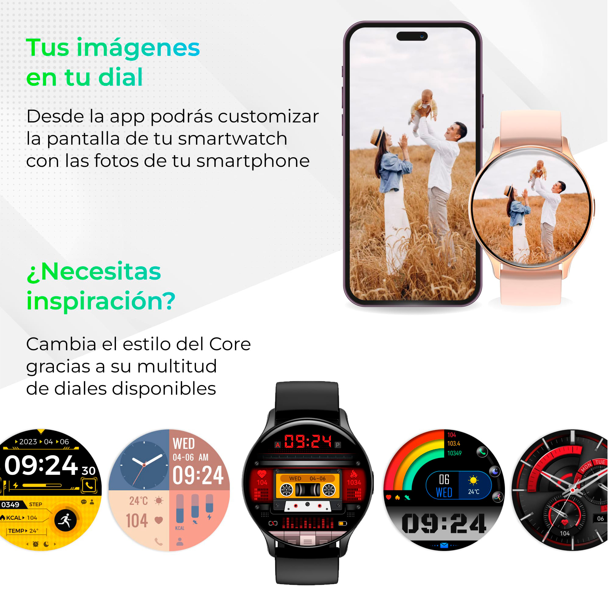 Smartphone mostra foto di famiglia, immagini smartwatch sotto. Testo in spagnolo.