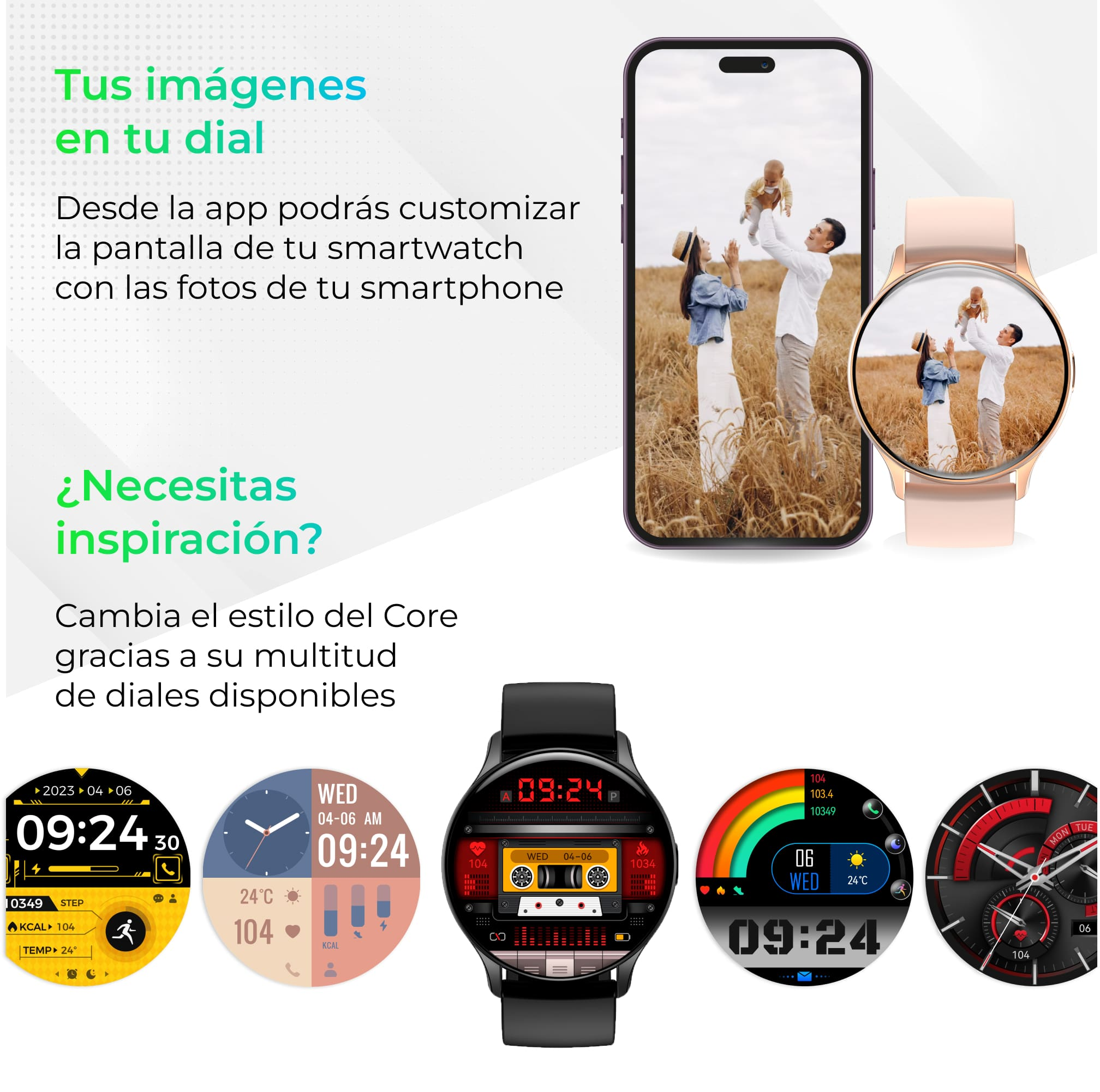 Uno smartwatch con più opzioni di visualizzazione e un telefono che mostra una foto di famiglia.