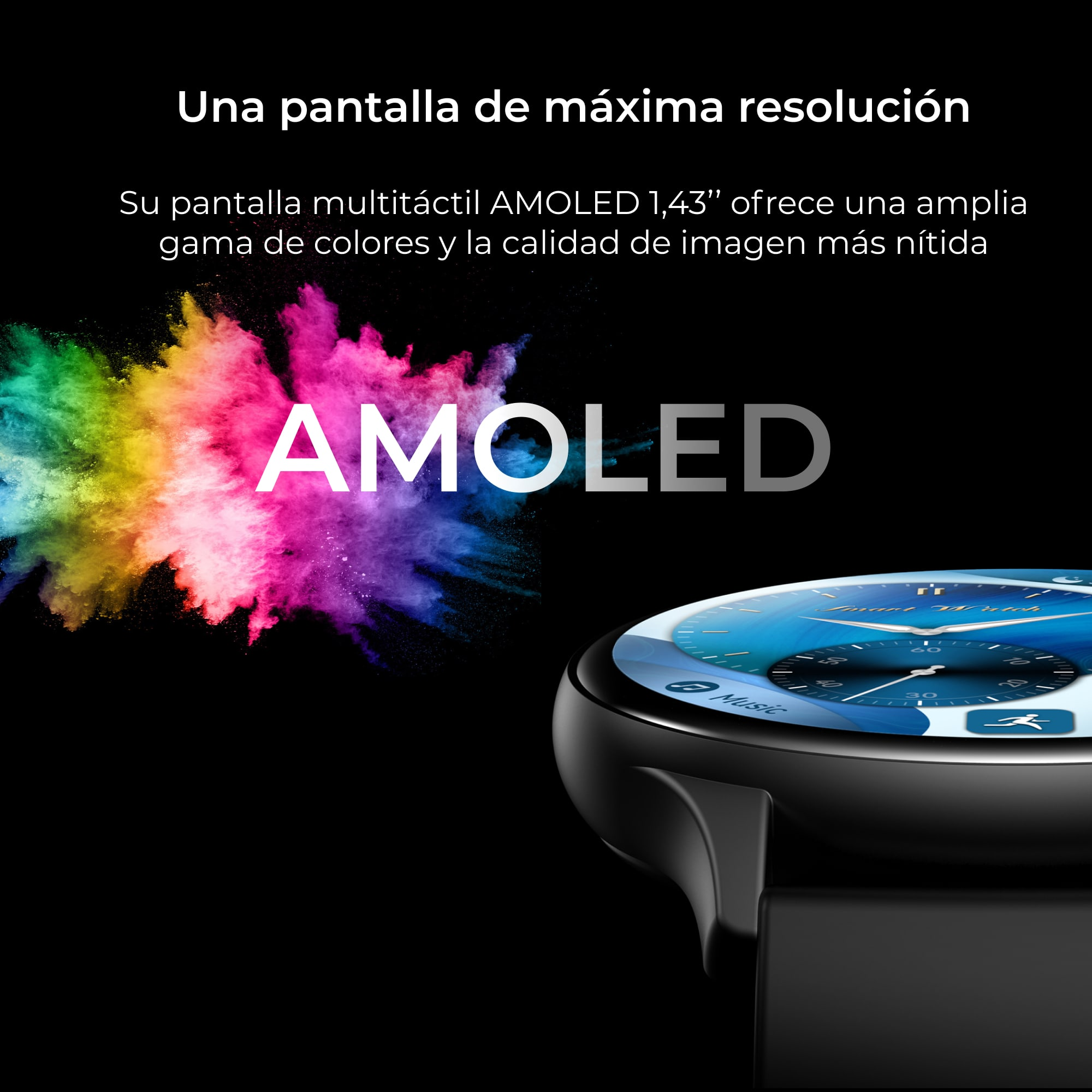 Uno smartwatch con display colorato. La parola AMOLED scritta, sfondo nero, vernice colorata.