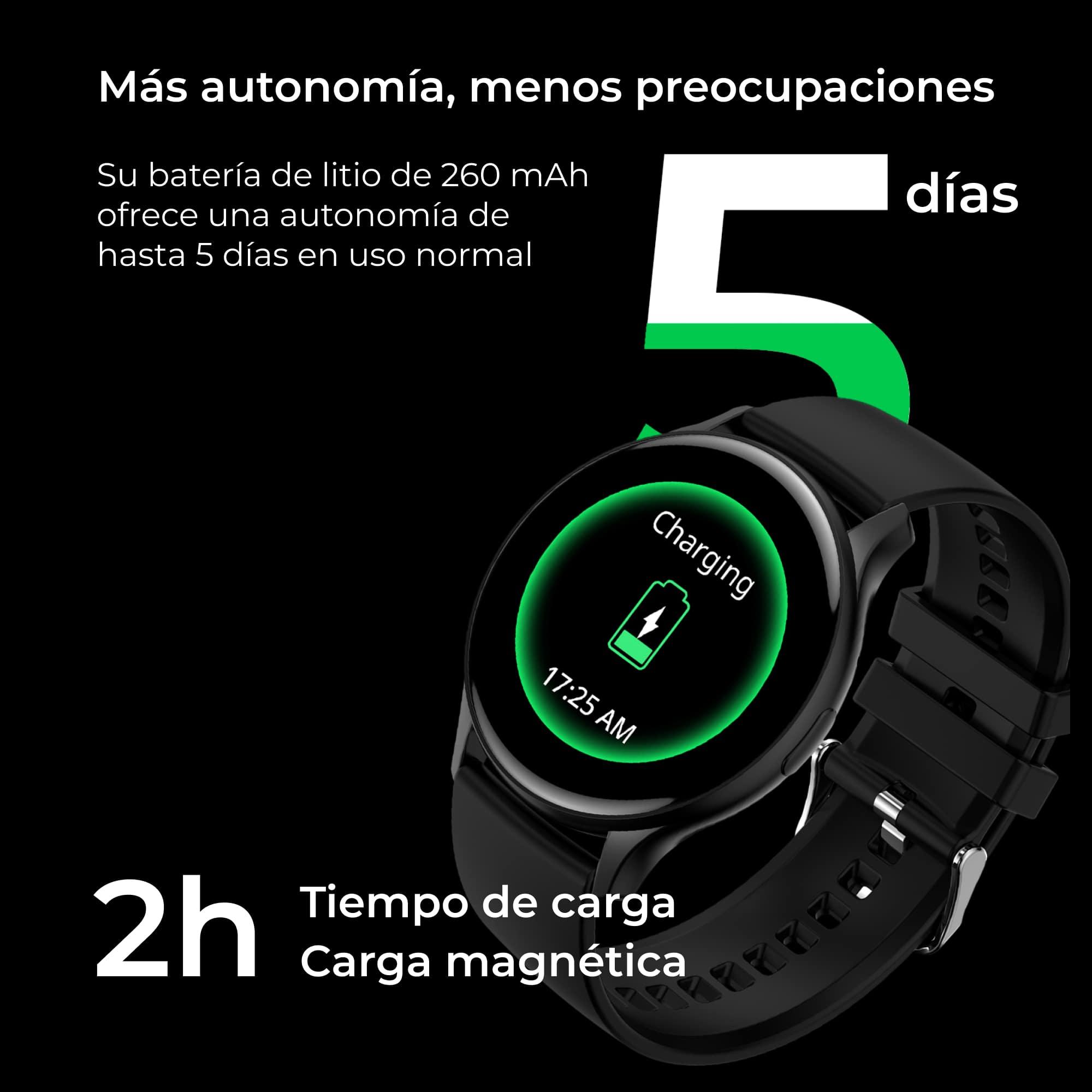 Smartwatch nero con display di ricarica verde. Testo: 17:25 AM, Ricarica. Testo sulla batteria.