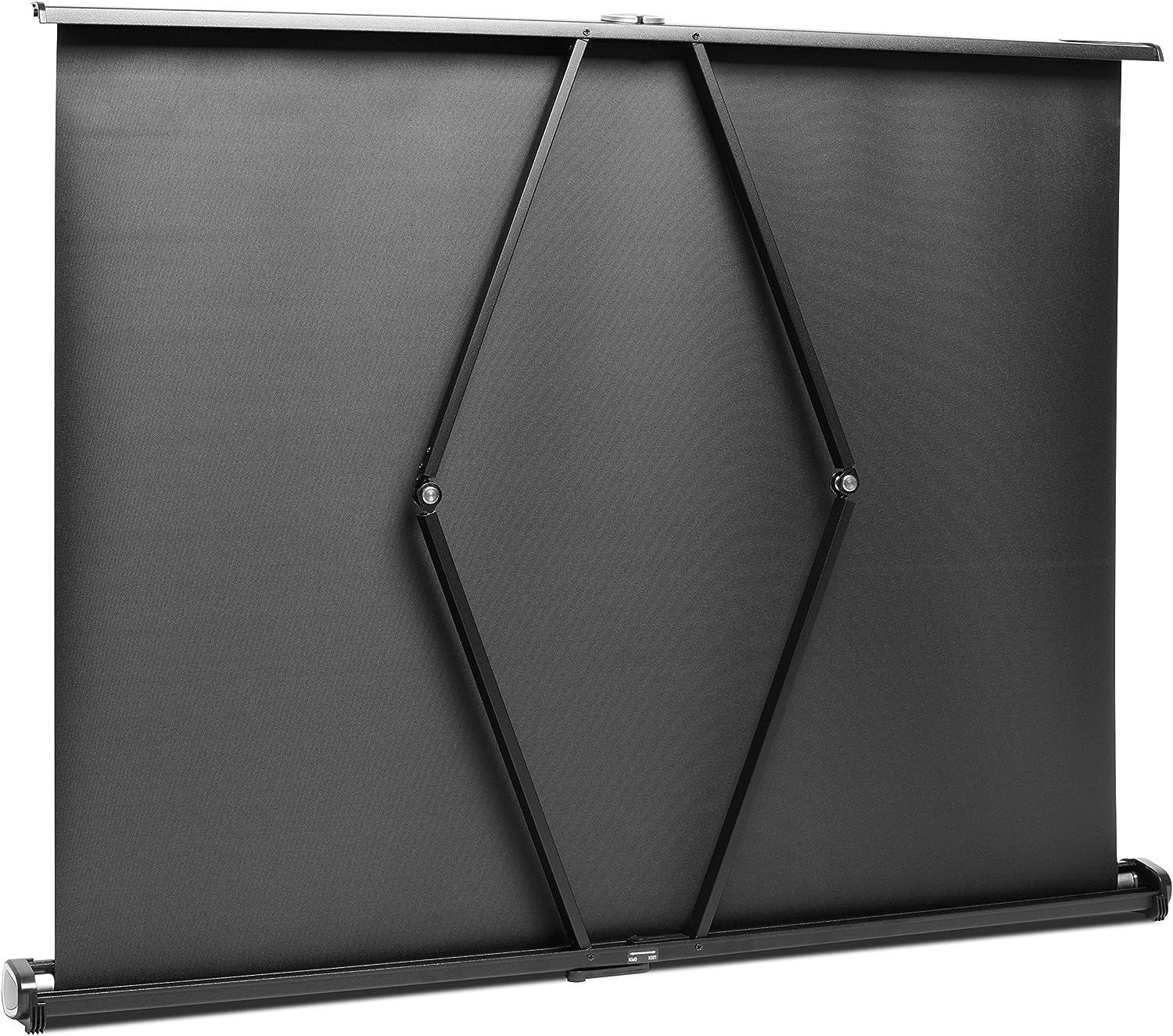 Schwarze Projektorleinwand, geöffnet. Der Bildschirm ist ausgefahren und zeigt eine rautenförmige Struktur.