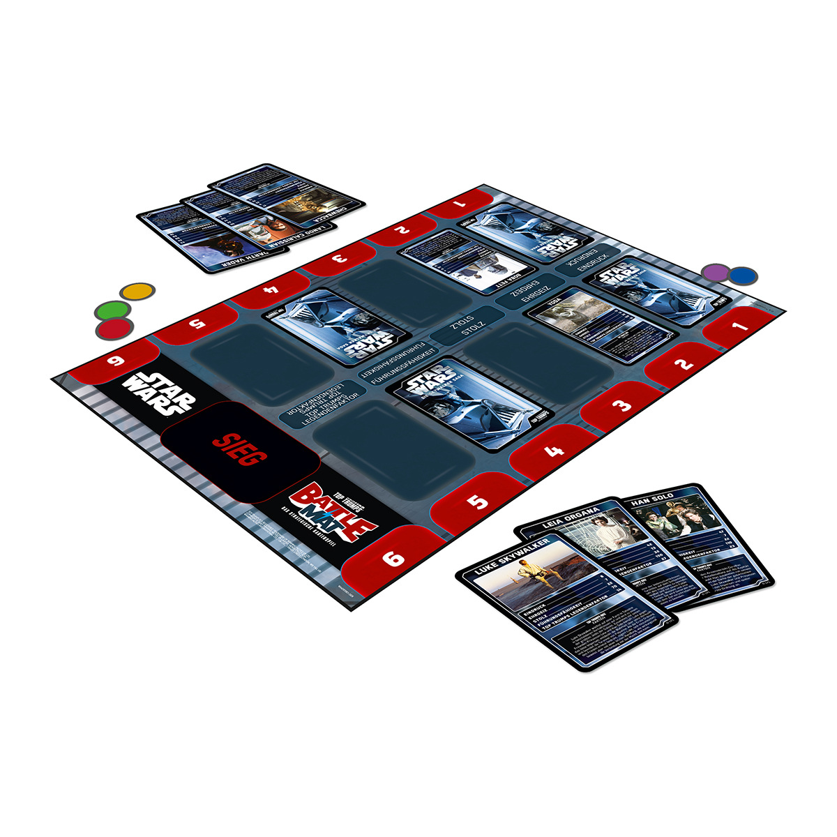 Star Wars Brettspiel mit Karten und Spielsteinen, mit einem rot-schwarzen Spielbrett.