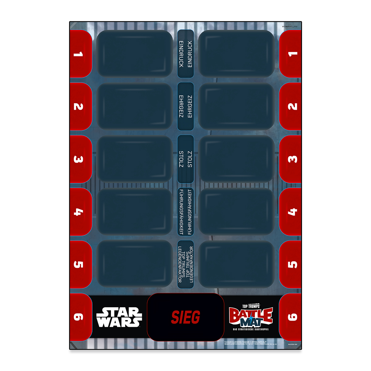 Eine Star Wars Spielmatte mit einem Raster und Text in Rot. Das Star Wars Logo ist sichtbar.