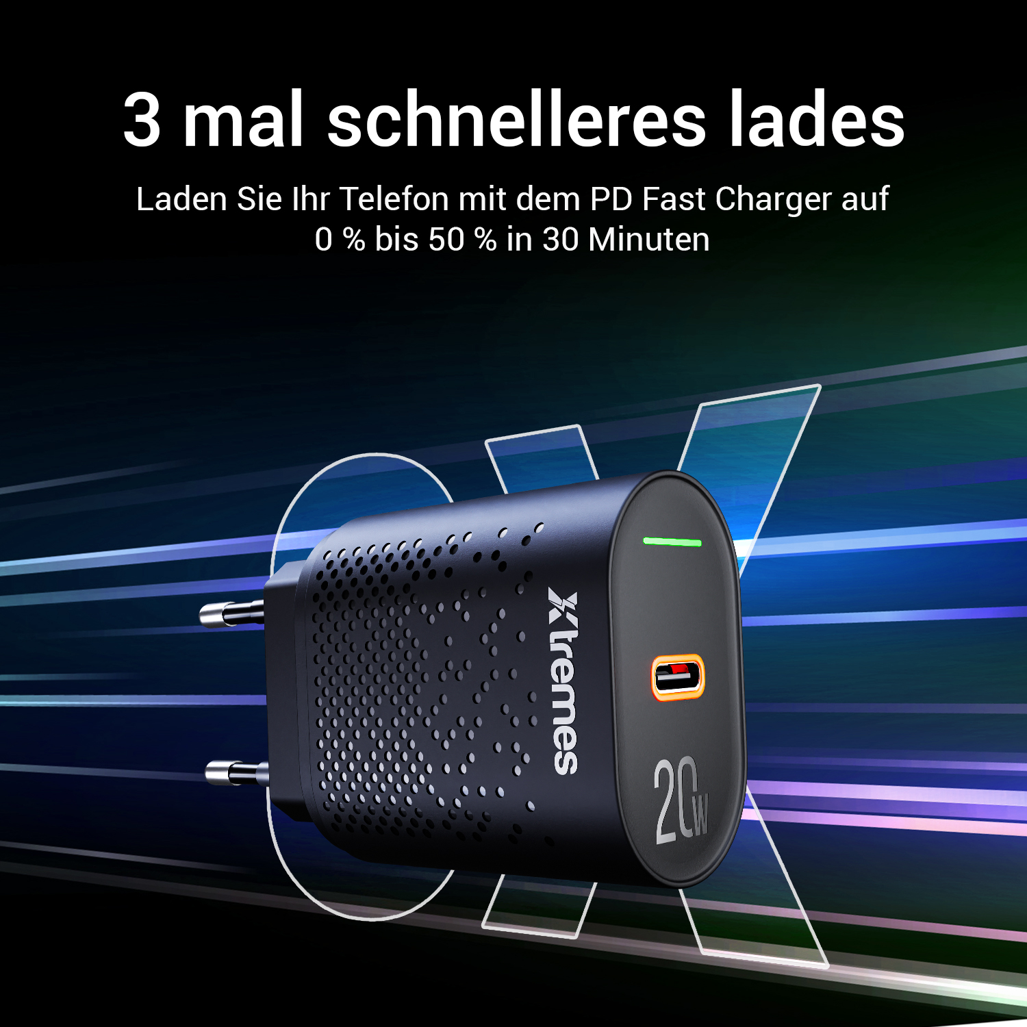 Ein schwarzes Ladegerät mit Text "3 mal schnelleres Lades" und farbenfrohem Hintergrund.