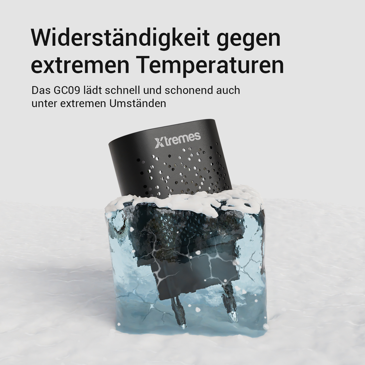 Ein schwarzes Gerät teilweise in Eis getaucht, Text über extreme Temperaturresistenz.