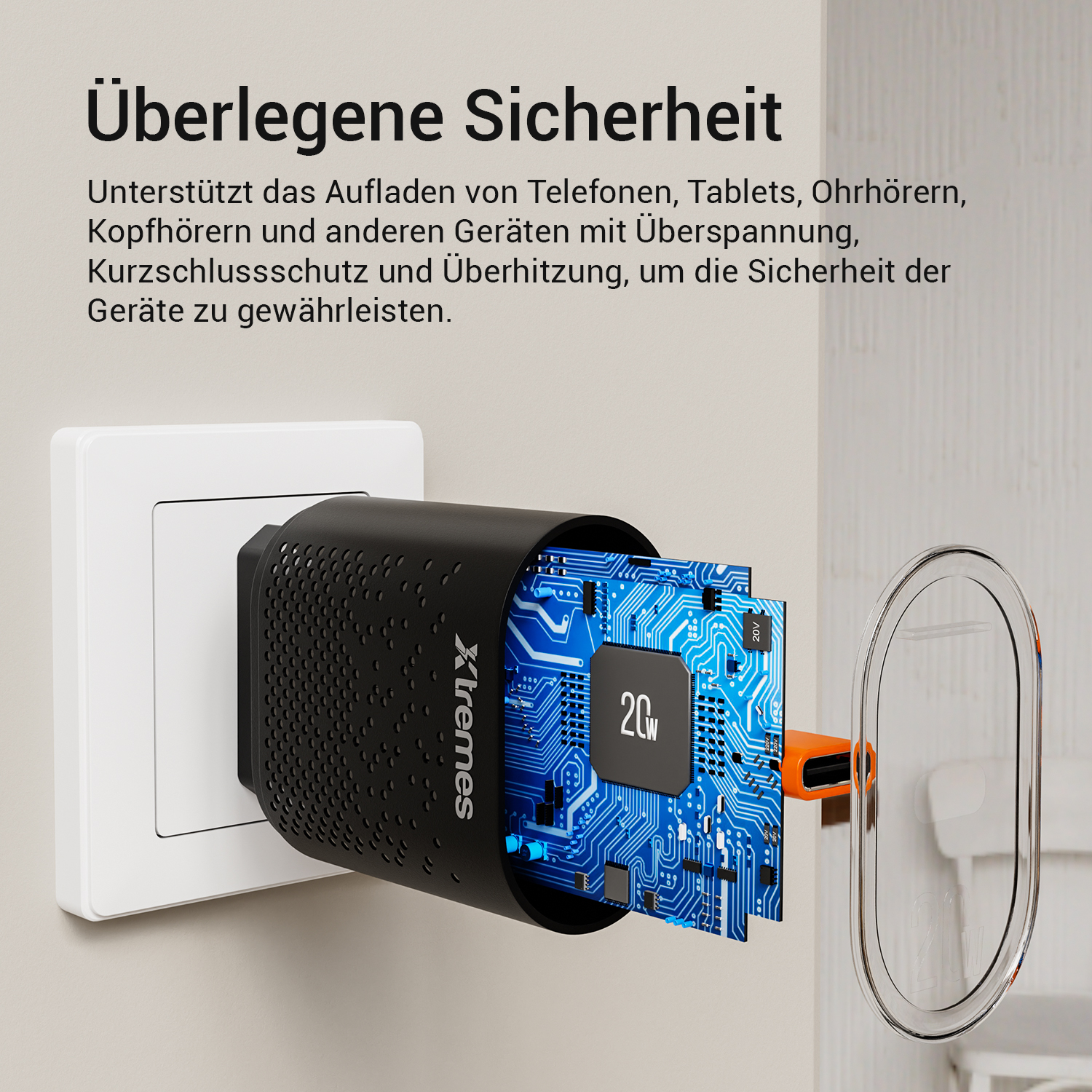 Steckeradapter. Zeigt interne Schaltkreise. Text auf Deutsch über Sicherheitsmerkmale.