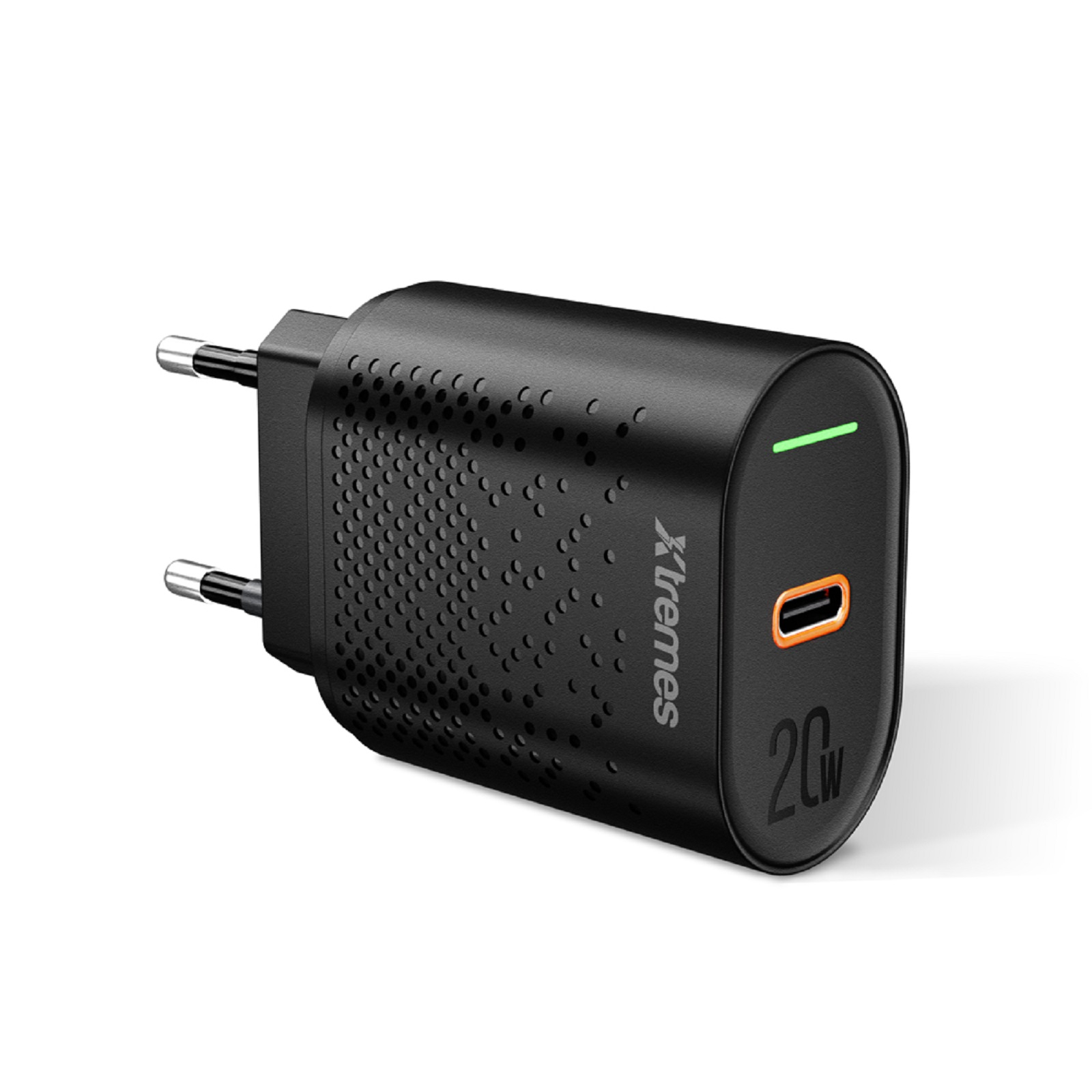 Schwarzes Telefonladegerät mit zwei Stiften. Oranger USB-Anschluss.