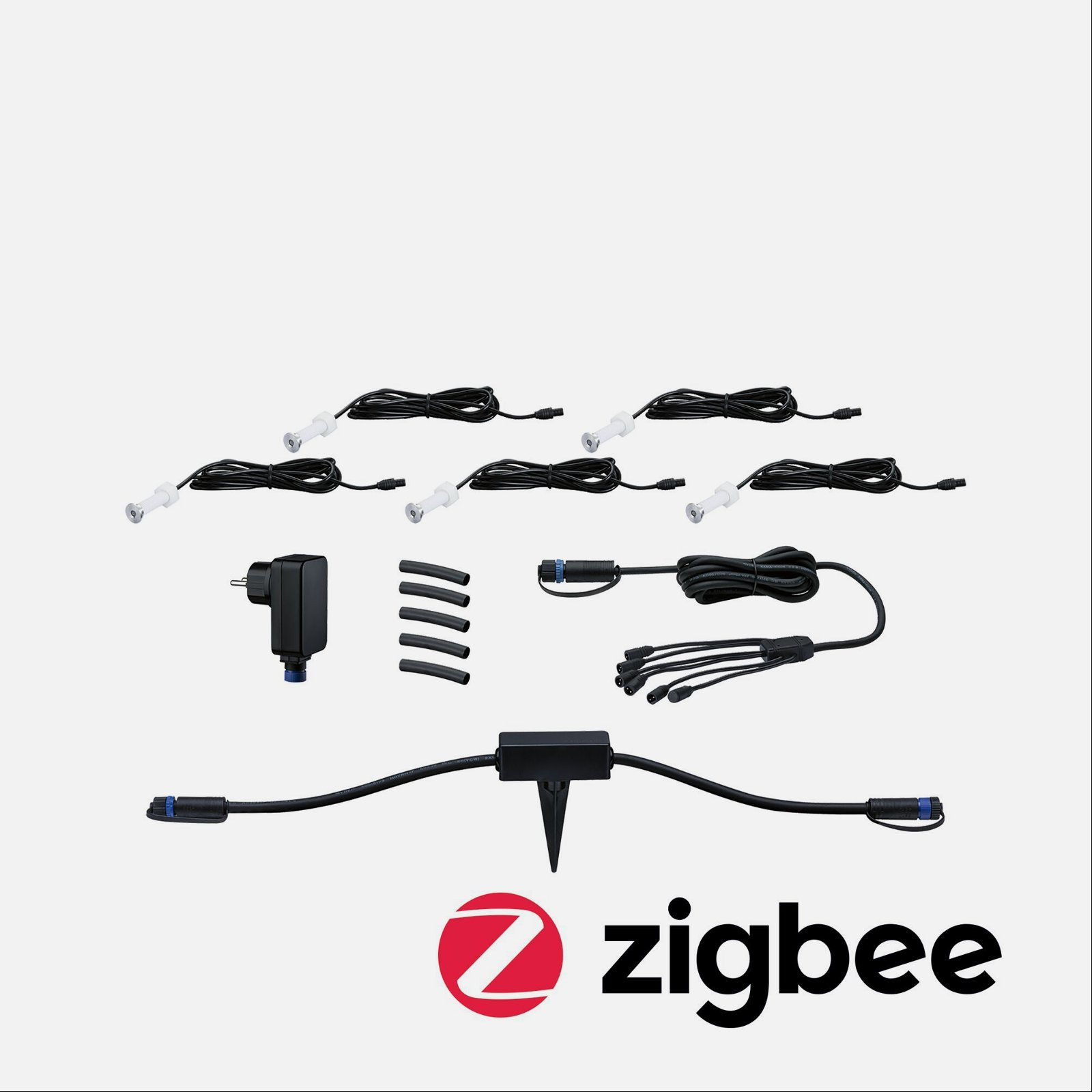 Asortyment komponentów i złączy oświetlenia inteligentnego Zigbee.