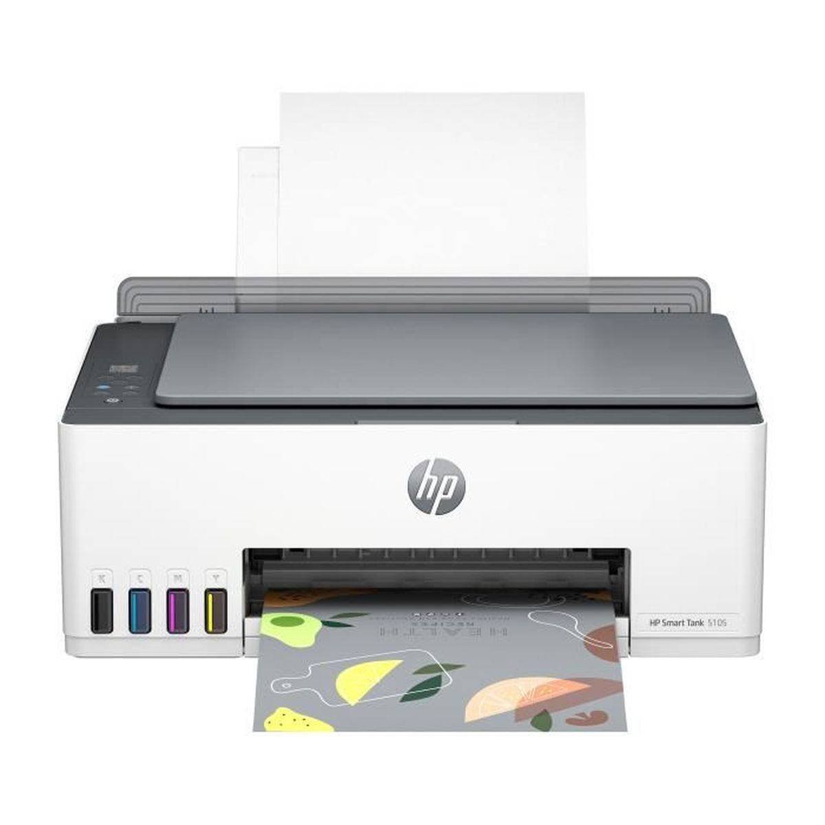 Weiß-grauer Drucker mit HP-Logo. Papier kommt aus dem Drucker.