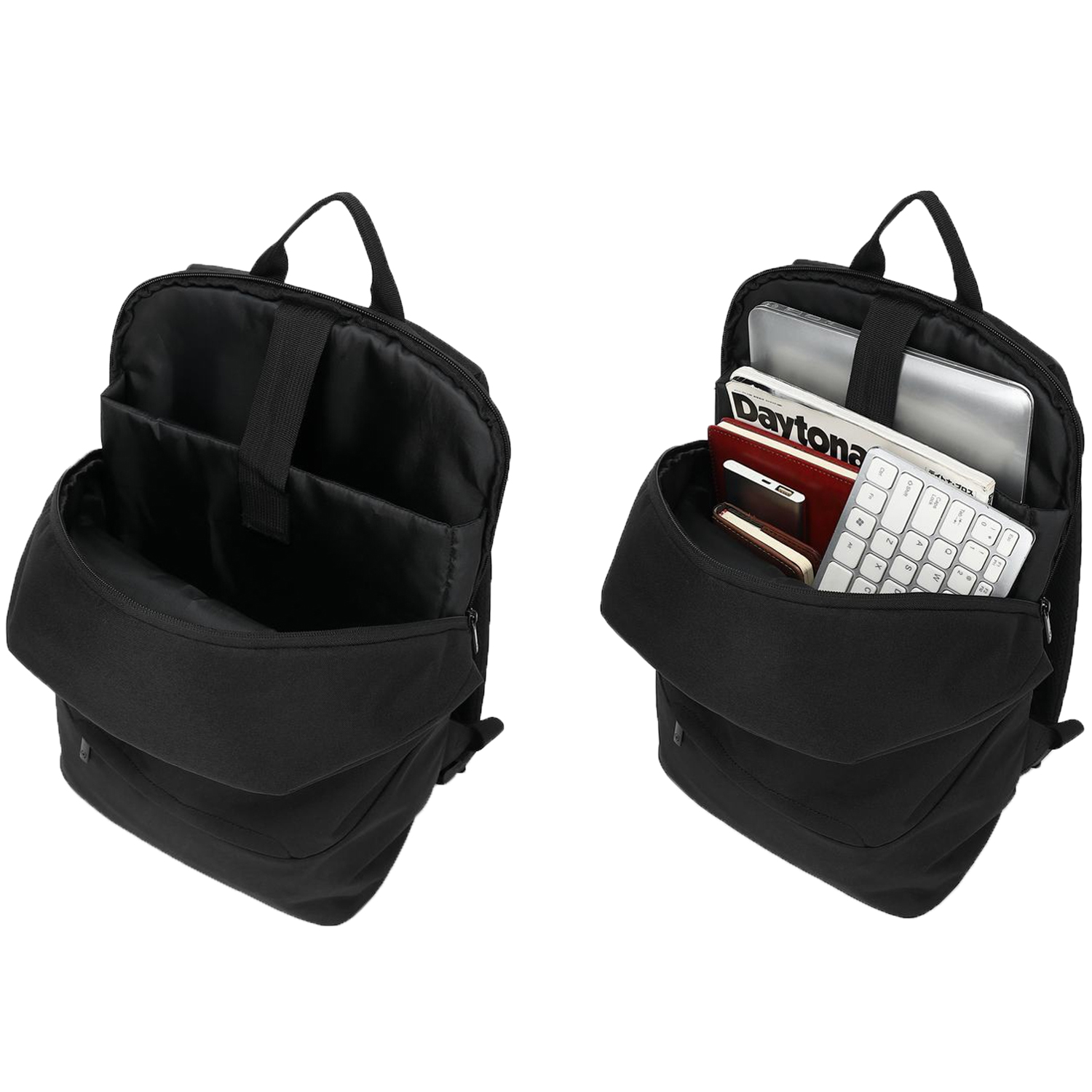 Schwarzer Rucksack mit offenen Fächern. Der Inhalt ist sichtbar, einschließlich Bücher, Tastatur und Laptop.
