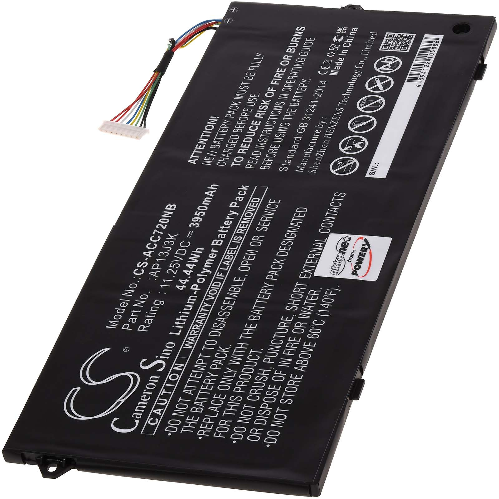 Ein schwarz-weißer Laptop-Akku mit Text, Aufklebern und Kabeln, auf weißem Hintergrund.