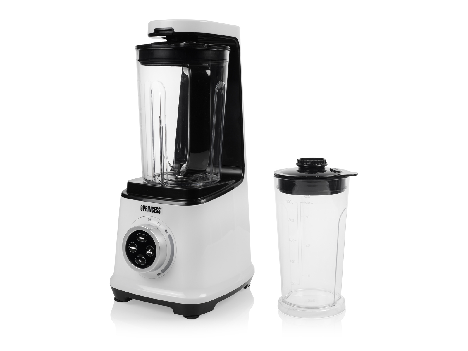 Frullatore bianco e nero con contenitore separato. Plastica trasparente. Sfondo bianco.