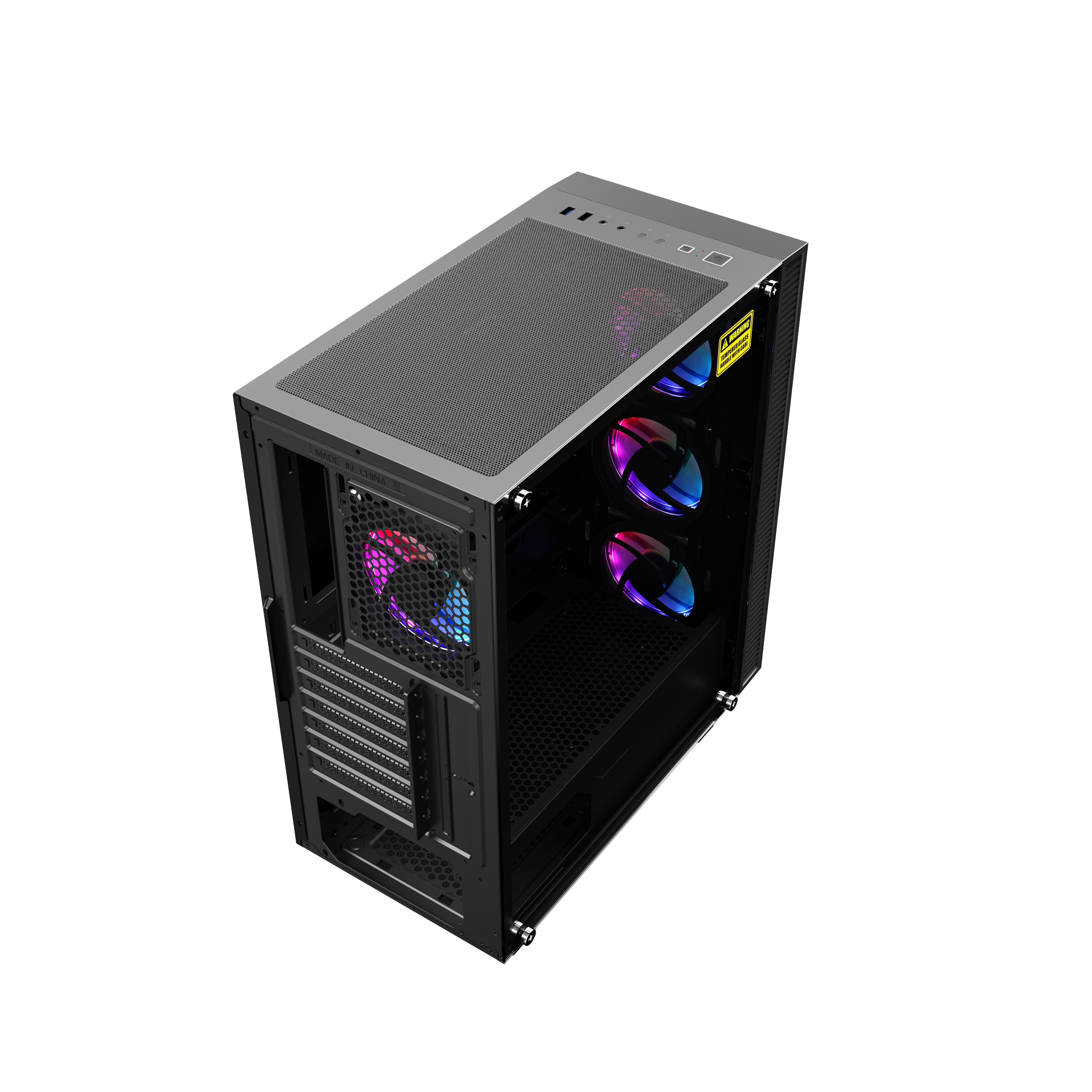 Schwarzes Computergehäuse mit Glas-Seitenwand und bunten Lüftern.