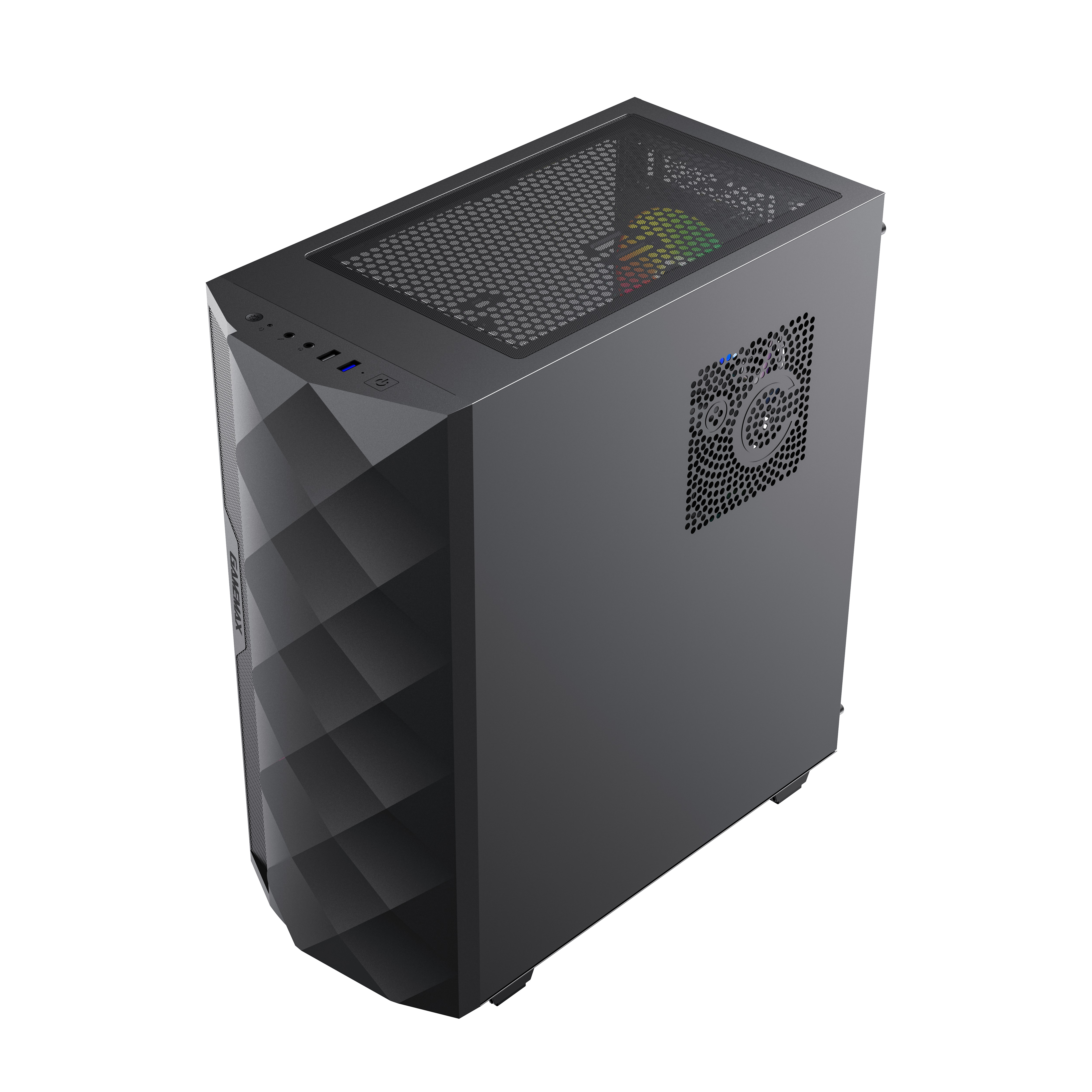 Schwarzes Computergehäuse mit Rautenmuster vorne und Mesh-Seitenwand.