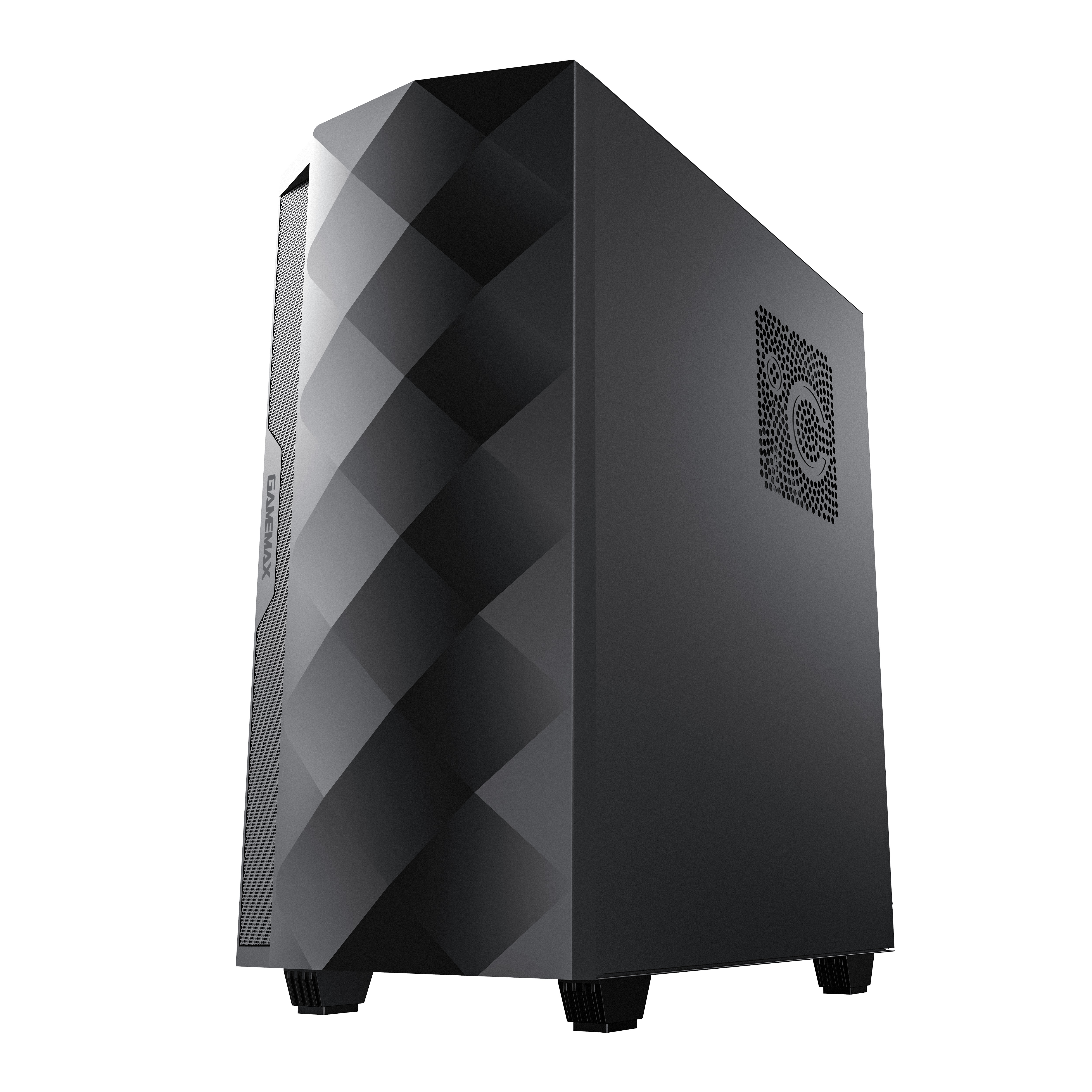 Schwarzes Computergehäuse mit Rautenmuster auf der Vorderseite, Seitenansicht und rundem Lüfter hinten.