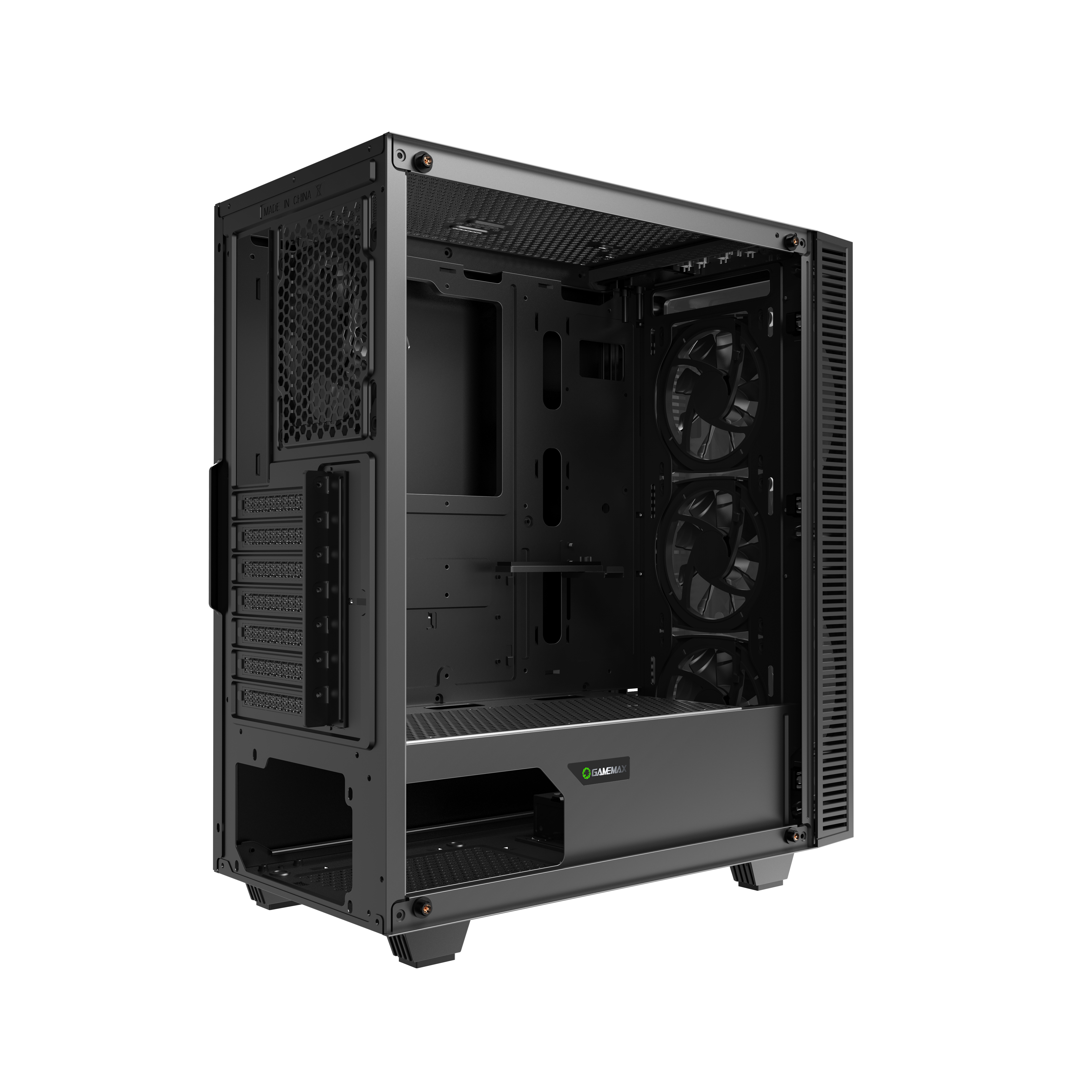 Ein leeres schwarzes Computergehäuse mit verschiedenen Öffnungen. Der Hintergrund ist ebenfalls schwarz.