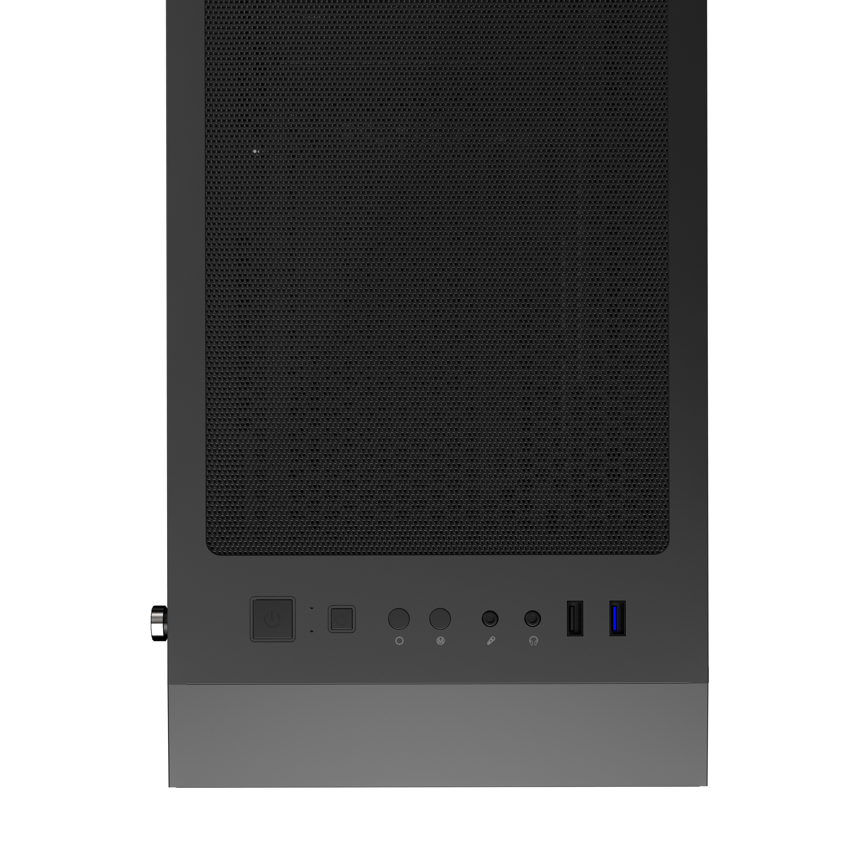 Nahaufnahme eines dunkelgrauen Computerturms. Die Front hat Knöpfe und USB-Anschlüsse.