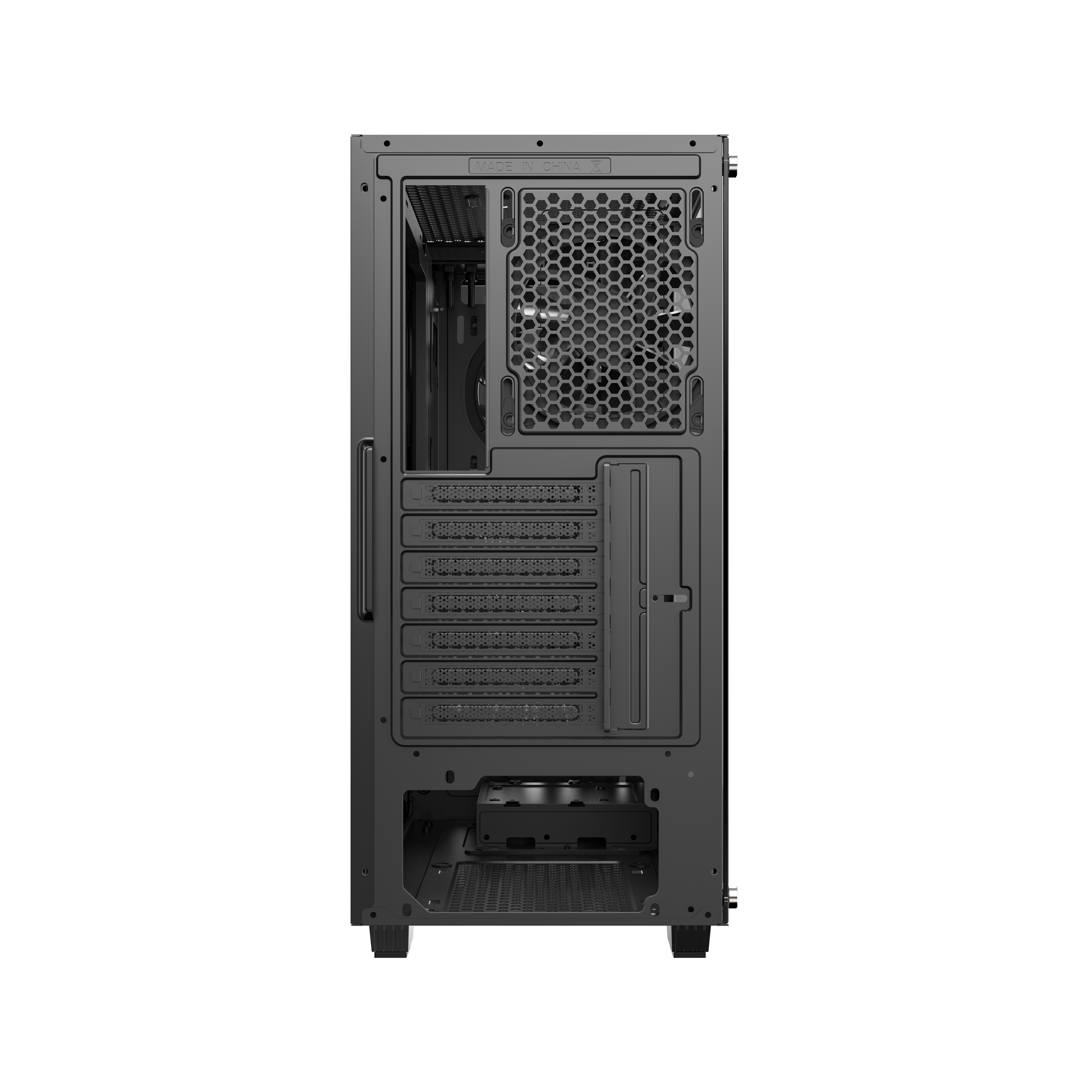 Ein leerer, schwarzer Computer-Gehäuse, die Rückseite ist zu sehen, mit vielen Öffnungen für Komponenten.