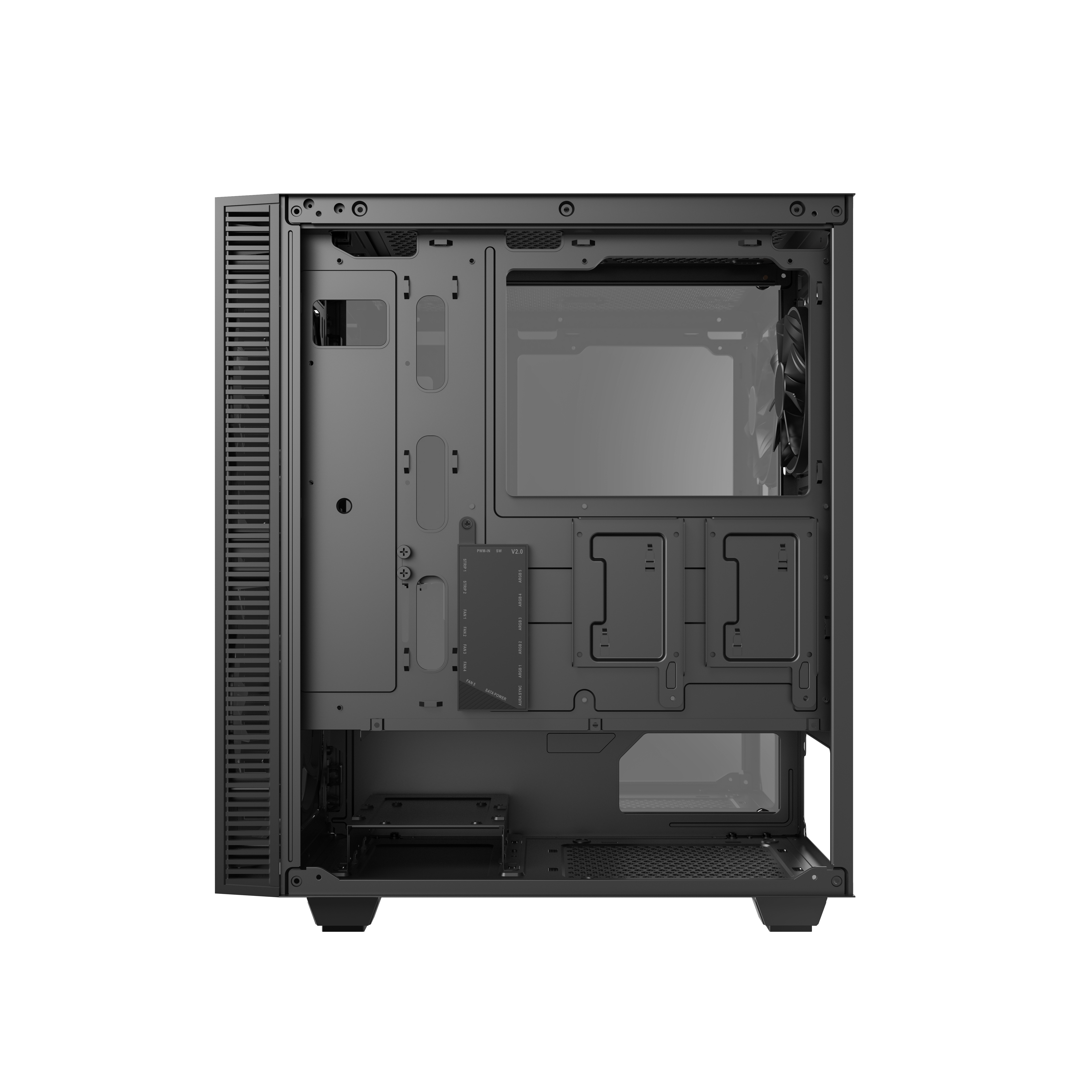Schwarzes Computergehäuse, Innenansicht. Der Hintergrund ist schwarz.