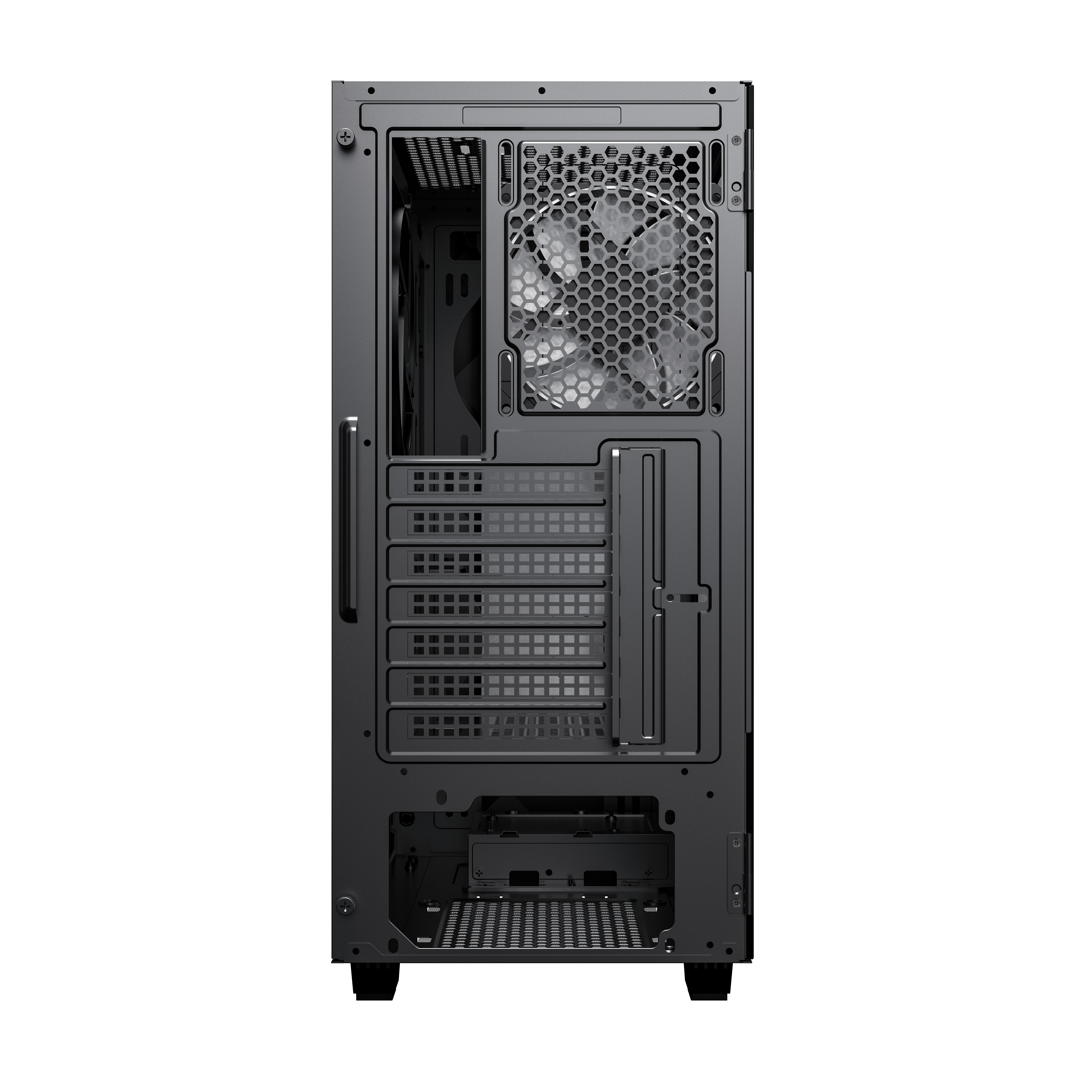 Schwarzes Computergehäuse, Rückansicht. Zeigt Lüfter, Lüftungsschlitze und Schlitze.