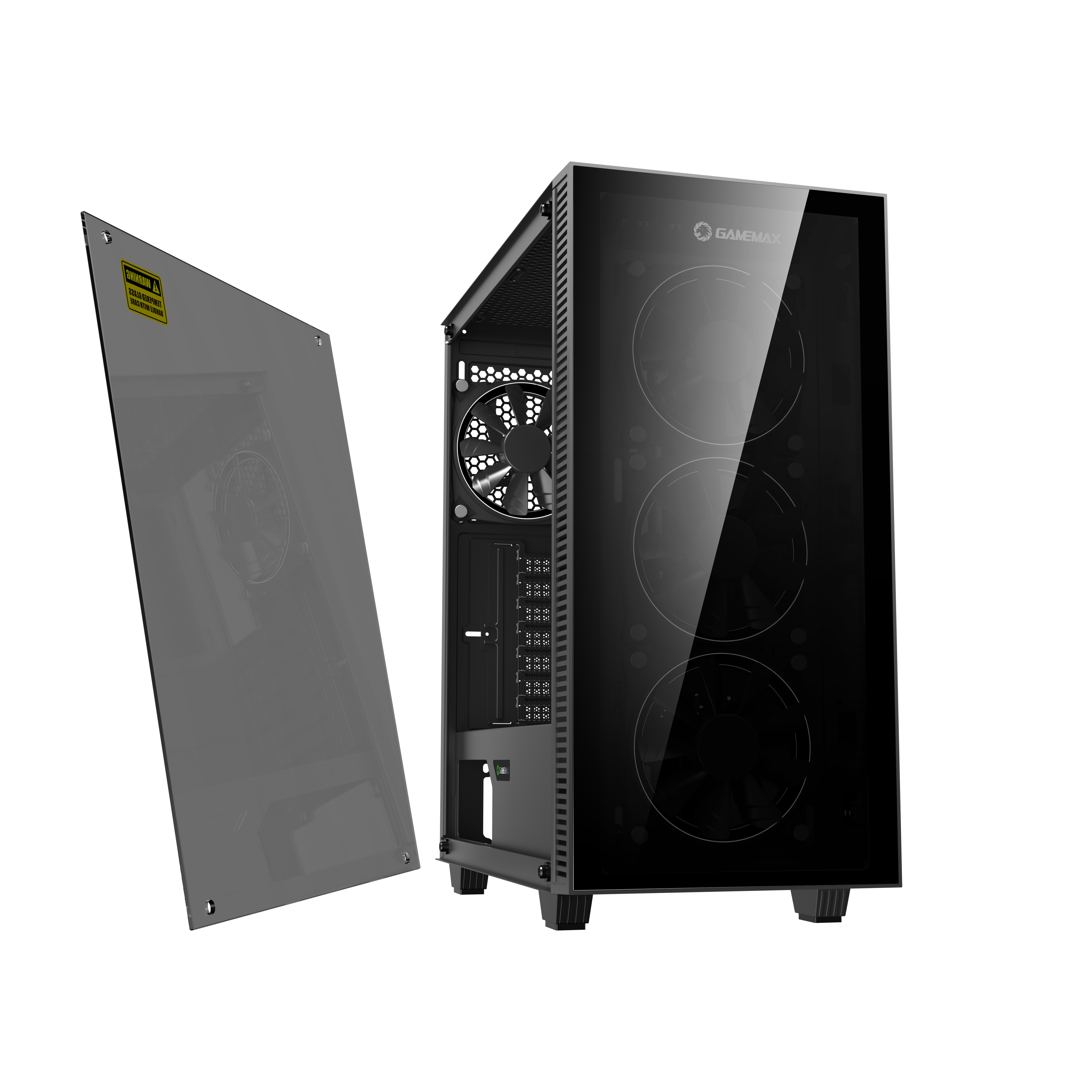 Ein schwarzes Computergehäuse mit Glaspanel und drei Lüftern im Inneren.