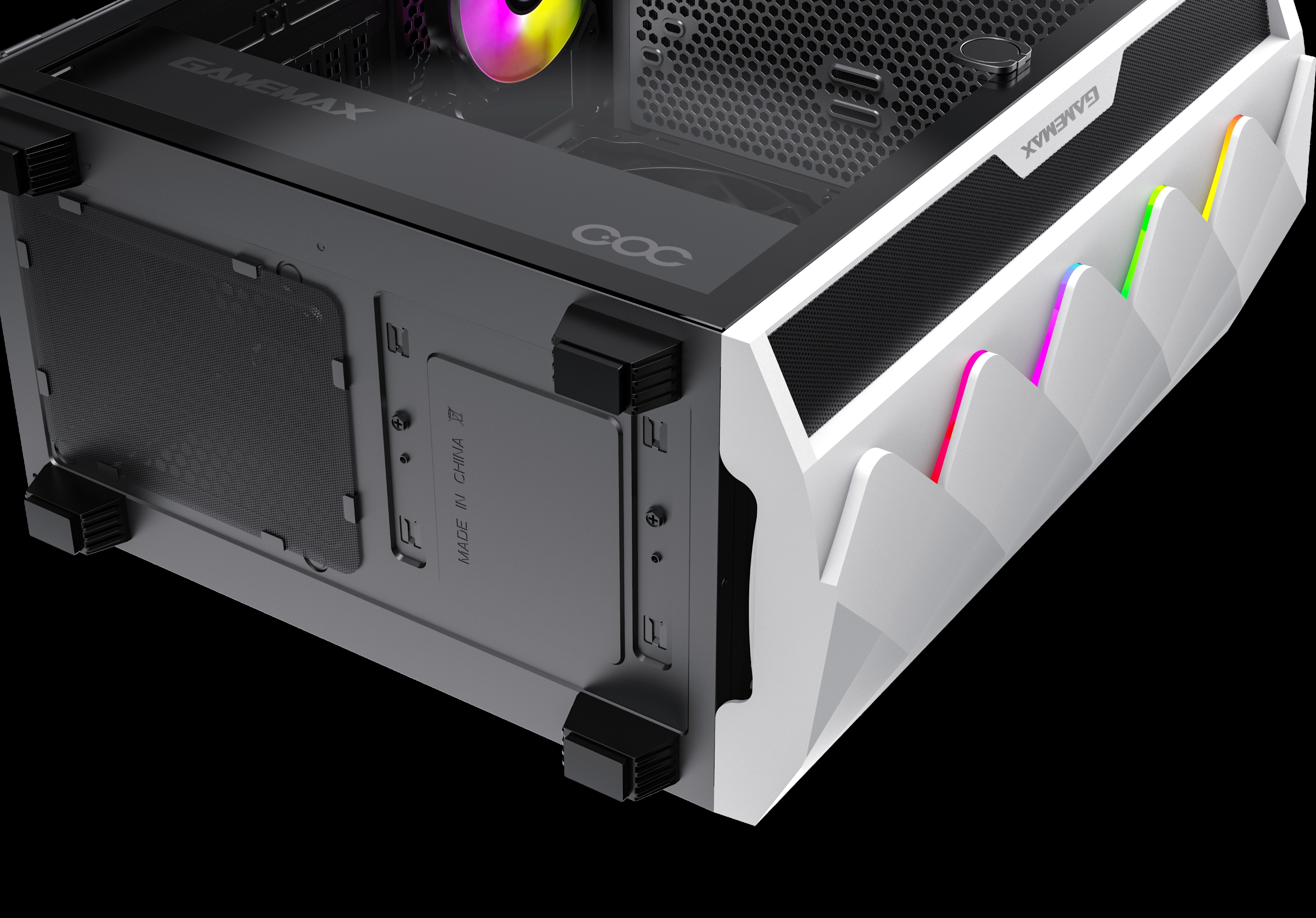 Ein Computergehäuse wird von unten gezeigt, mit weißen und schwarzen Seiten und einem Lüfter.