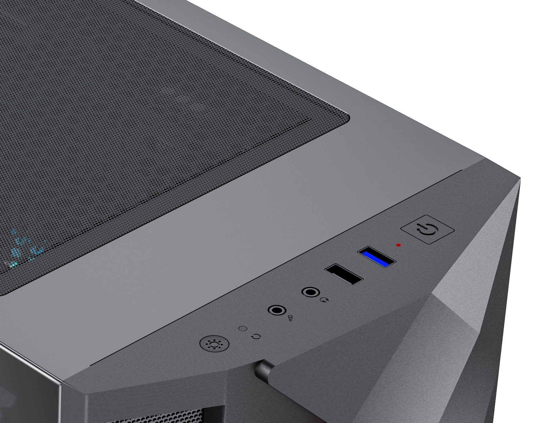 Nahaufnahme der Oberseite eines Computergehäuses mit Gitter und Strom-/USB-Anschlüssen.