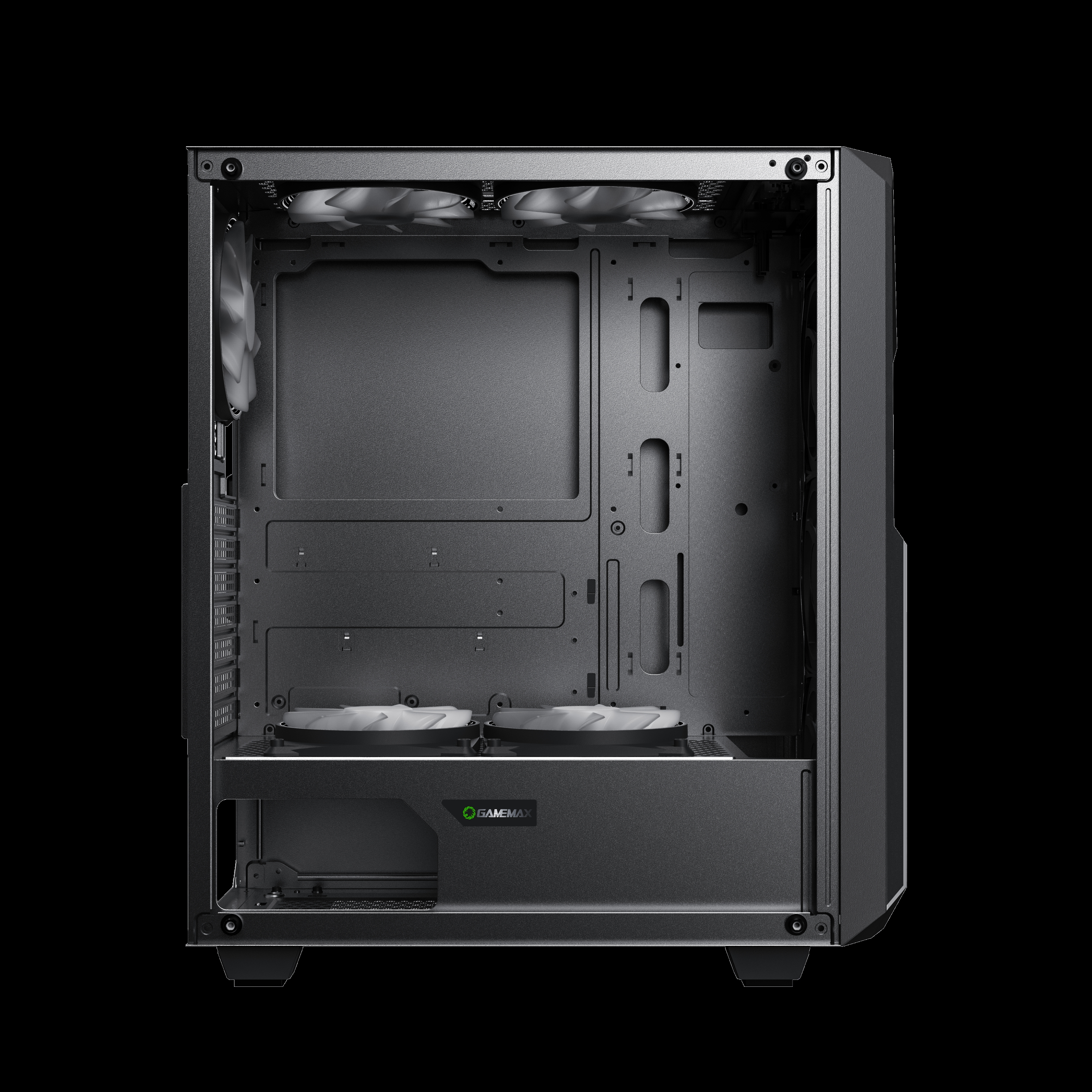 Offenes Computergehäuse, schwarz mit zwei Lüftern und grünem Logo. Ansicht von vorne.