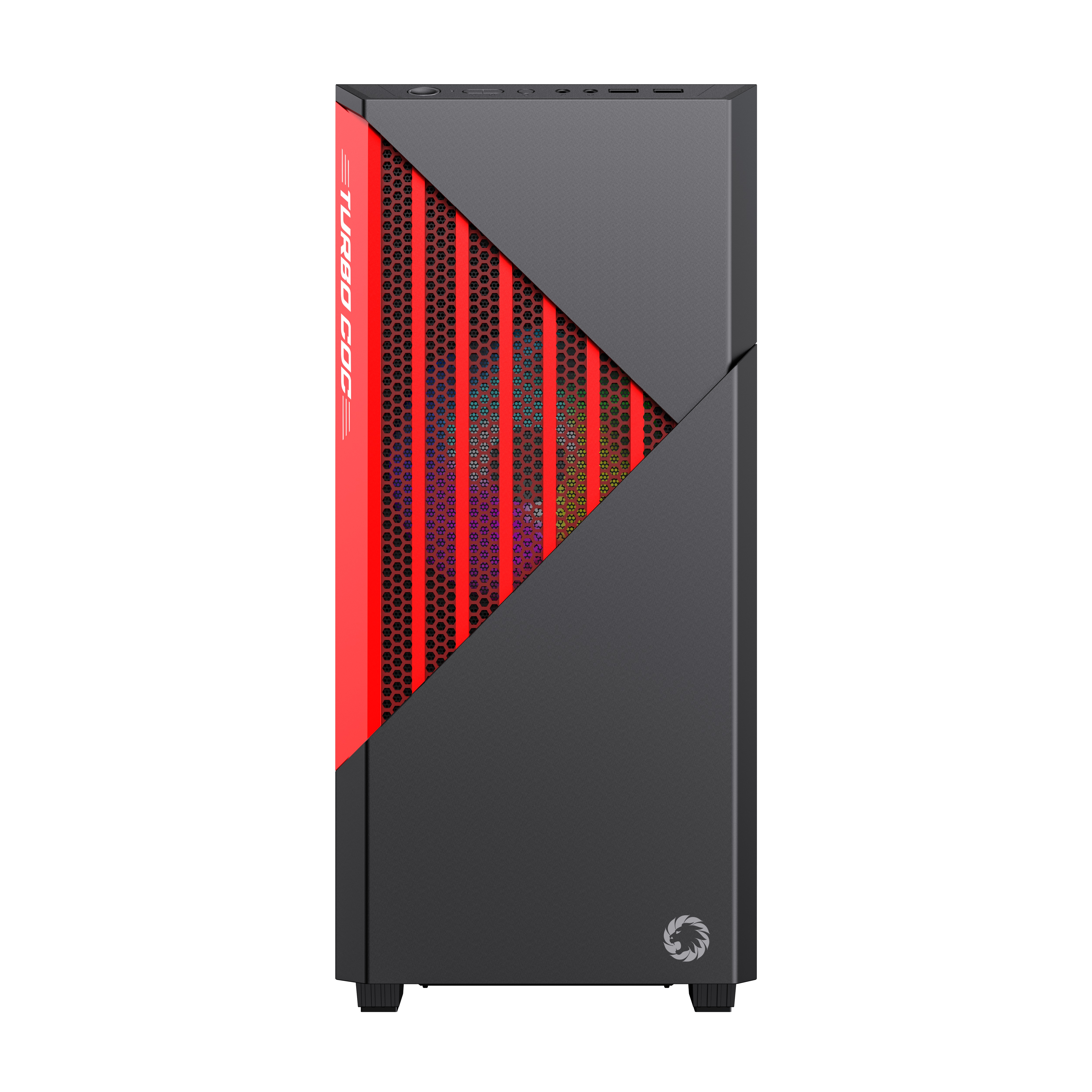Ein rotes und schwarzes Computergehäuse mit Mesh-Front und grauem Hintergrund.