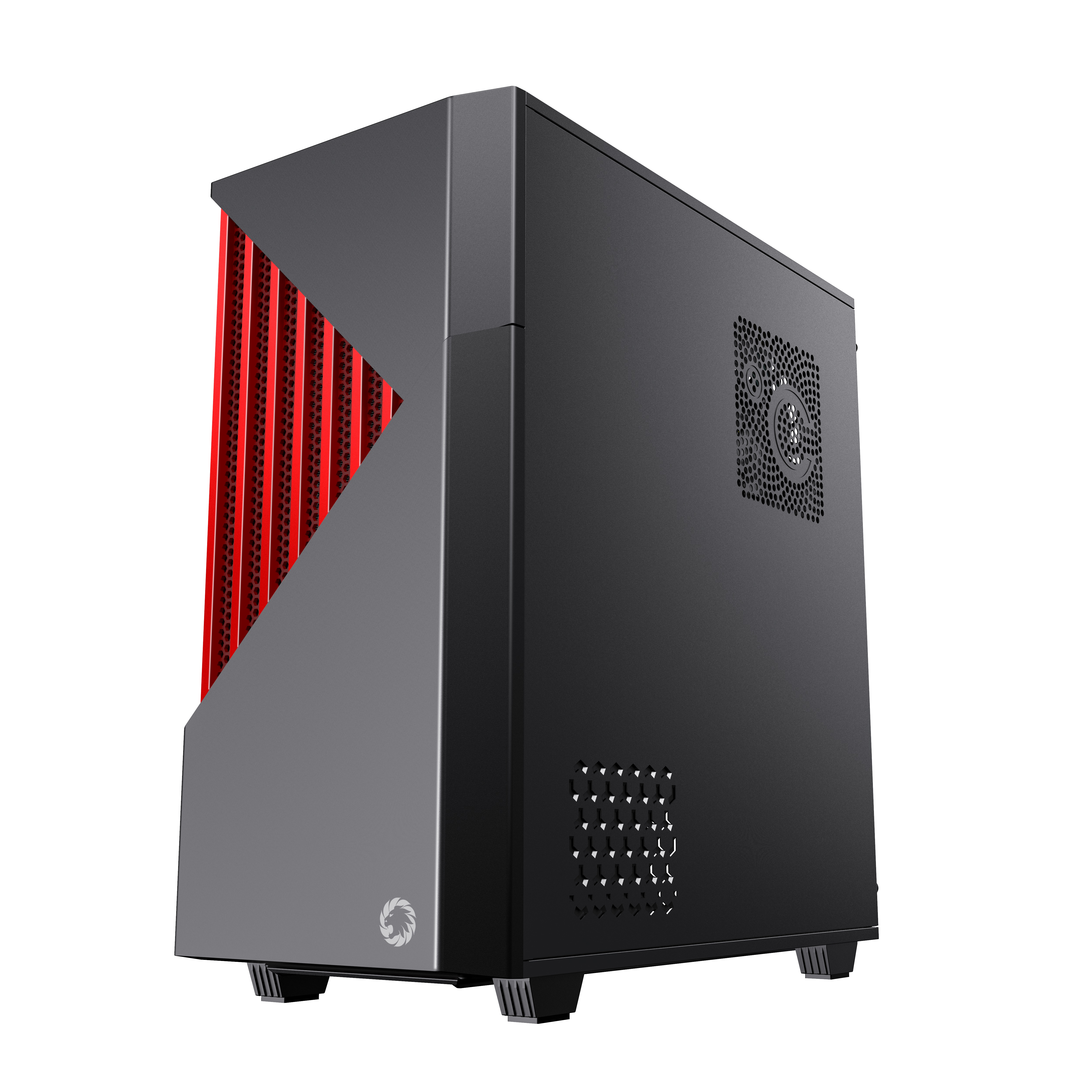 Schwarz-rotes Computergehäuse, schräge Vorderansicht, weißer Hintergrund.