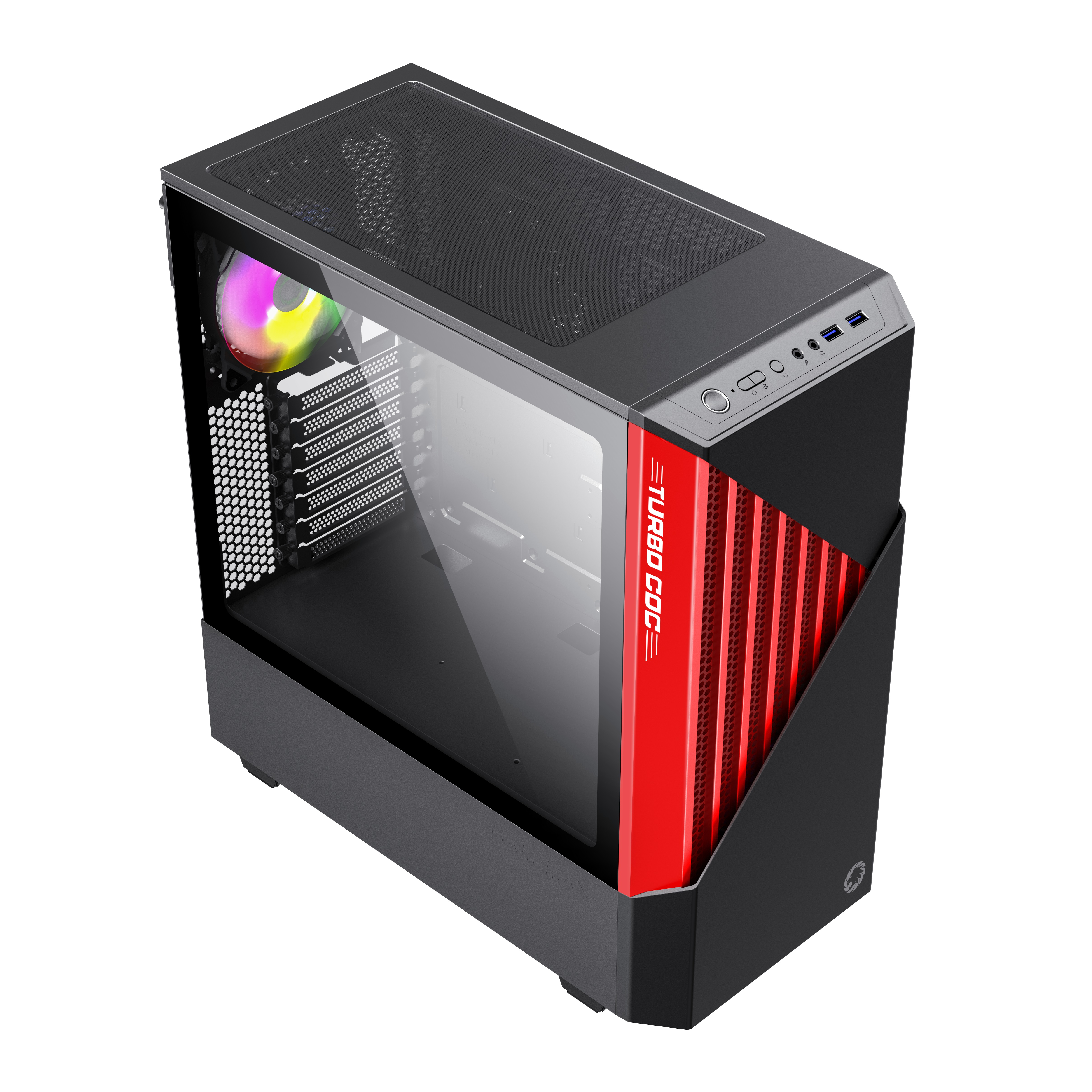 Ein schwarzes und rotes Computergehäuse mit einer Glasseitenwand. Es ist ein modernes, abgewinkeltes Design.