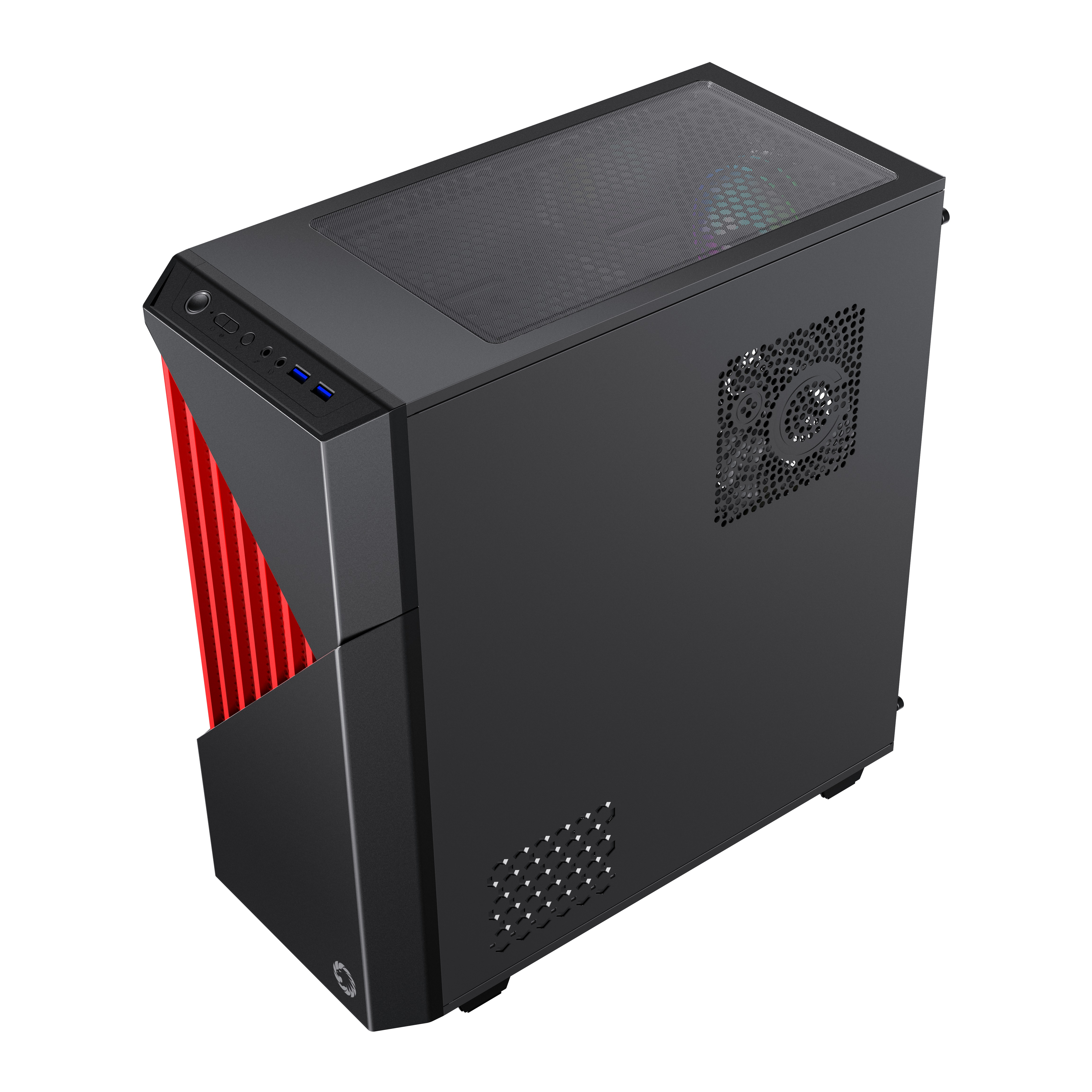 Ein schwarzes und rotes Computergehäuse mit einer Glasseitenwand. Es ist freigestellt.