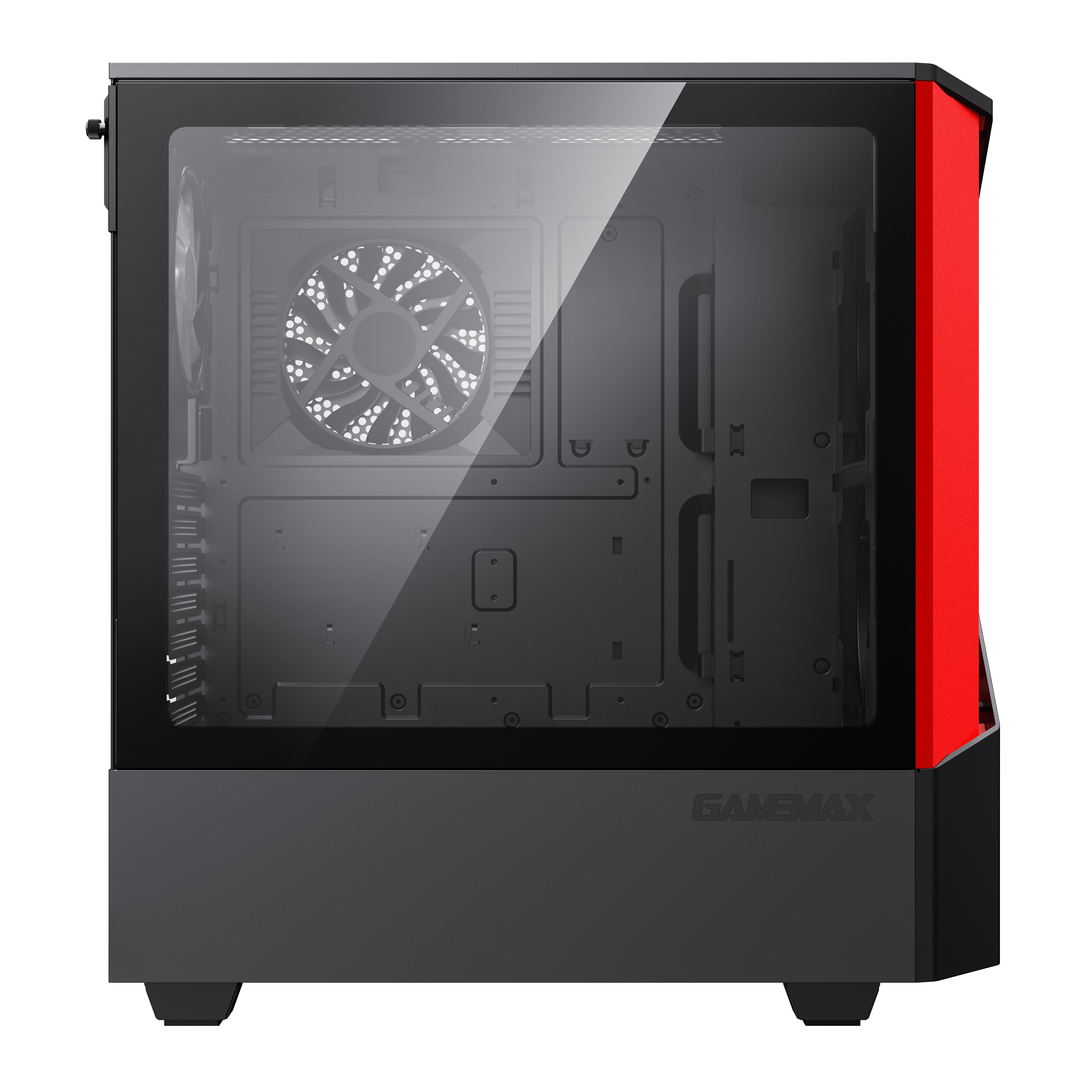 Computergehäuse mit roter Seitenwand, transparenter Frontplatte. Schwarze Basis.