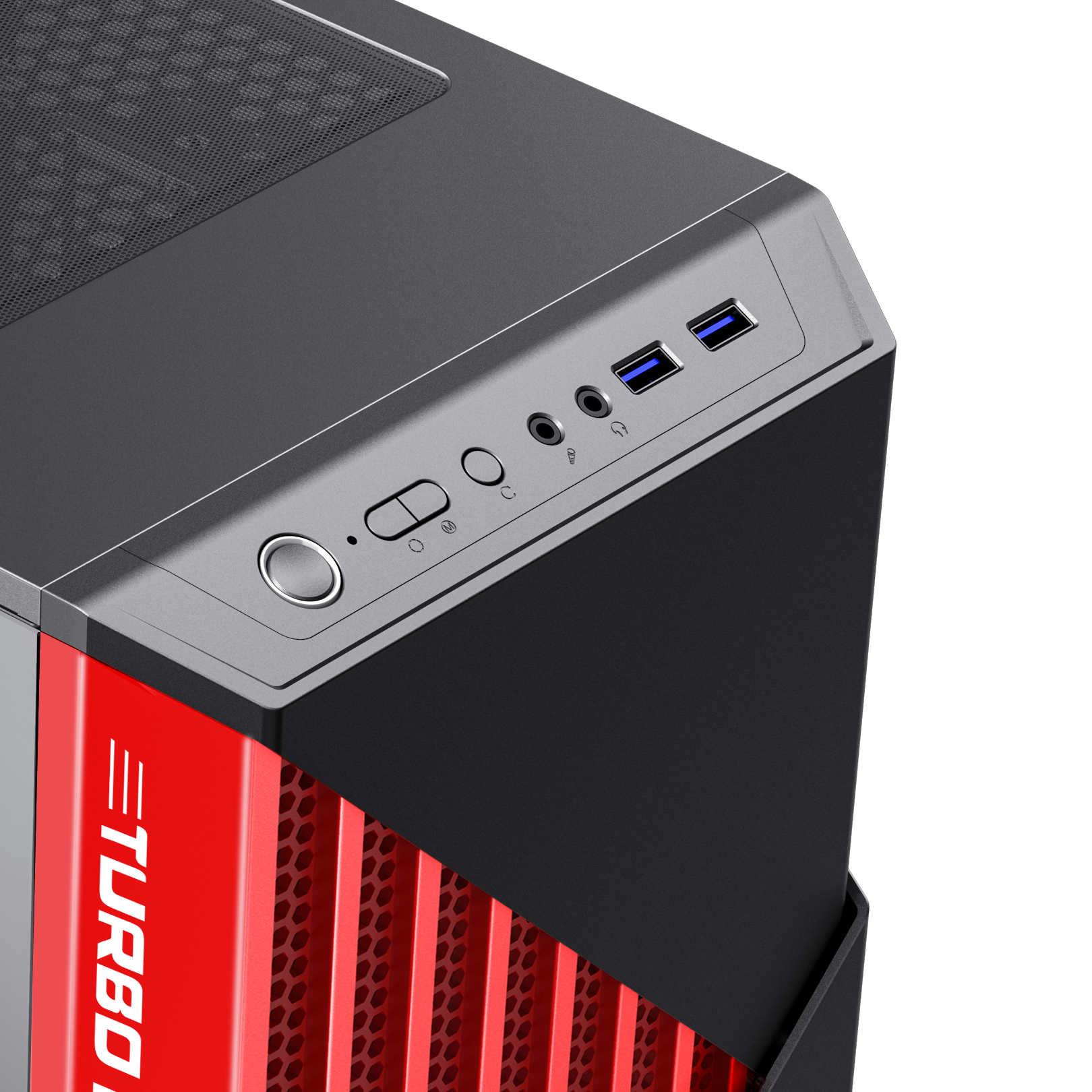 Nahaufnahme eines Computergehäuses, schwarz und rot mit Anschlüssen und einem Einschalter.